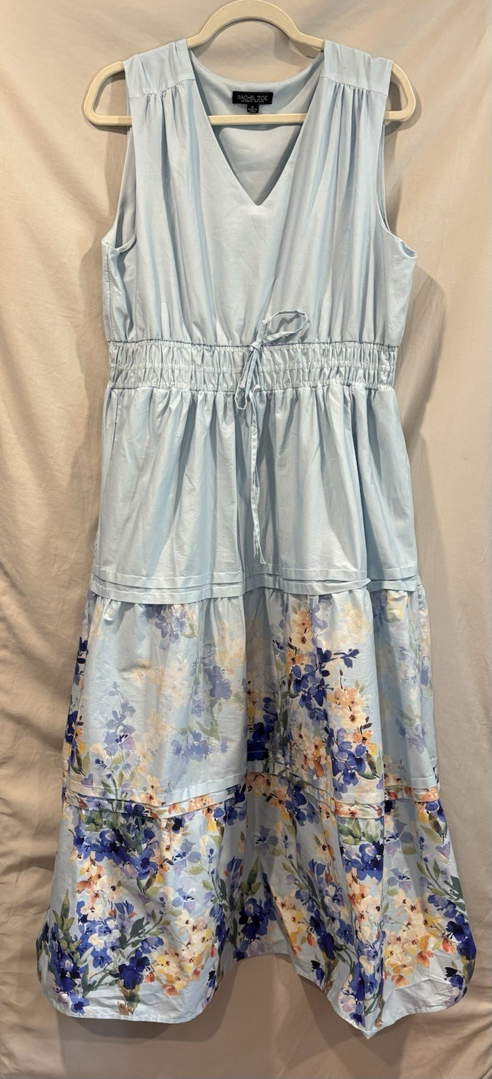 Rachel Zoe XL Blue Multicolor Floral V-Neck Sleeveless Tie Waist Midi A-Line