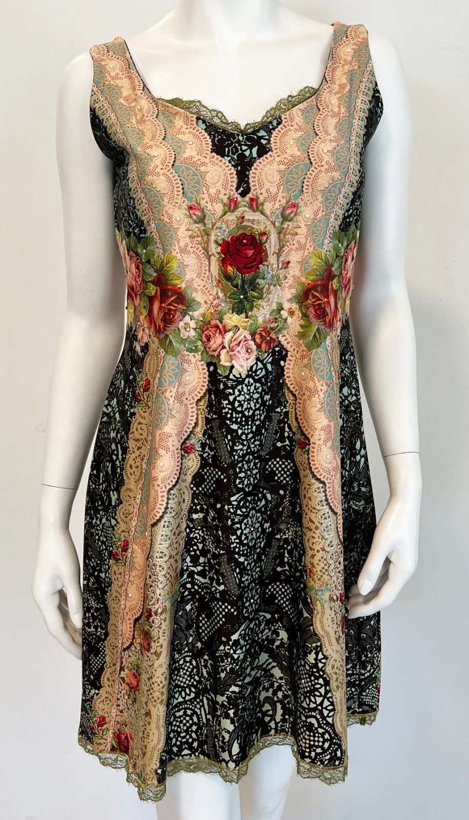 Michal Negrin Short Dress Victorian Roses Mini Slip Sleeveless Tunic ’90s y2k