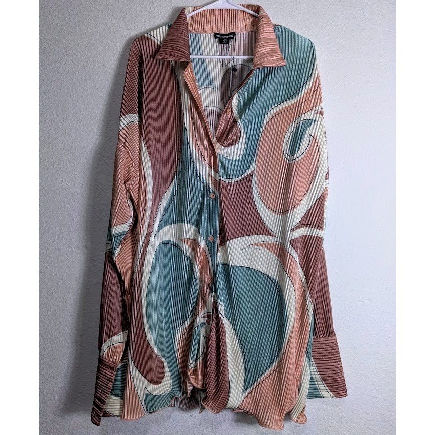 PrettyLittleThing Stone Abstract Print Plisse Frill Hem Shirt Dress US 10 NWT