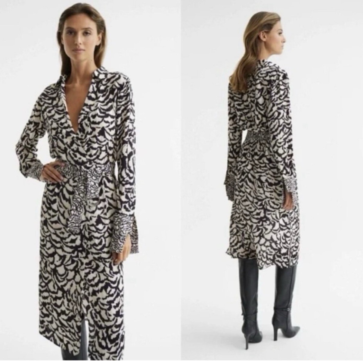 REISS Evie Mono Animal Print Midi Dress Black & White Ling Sleeve Shirt NWT