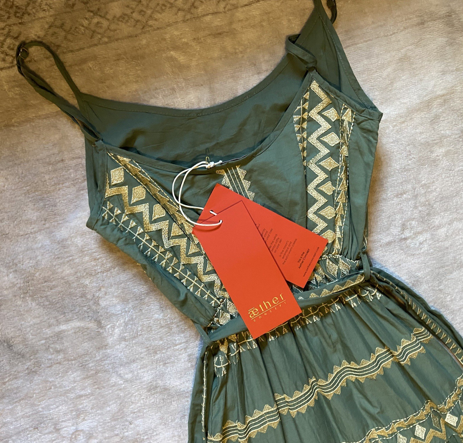 Aether Concept Nerina Greek Designer Long Dress NWT $185 Green/khaki Gold