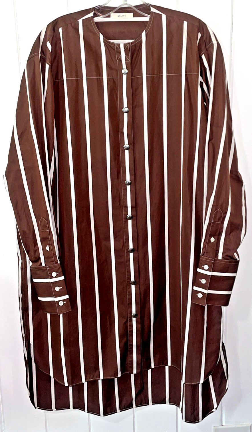 Women’s CELINE Oversized Brown And White Striped Dress Shirt Size 34.