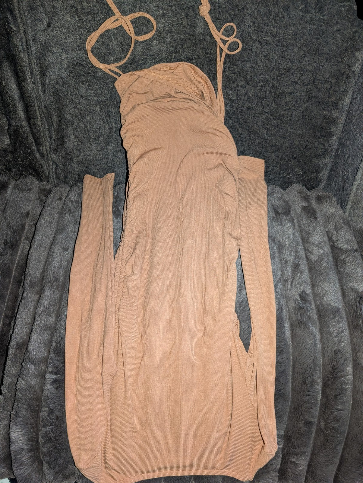 Women’s Beige Off Shoulder Ruched Drawstring Long Sleeve Bodycon Midi Dress S