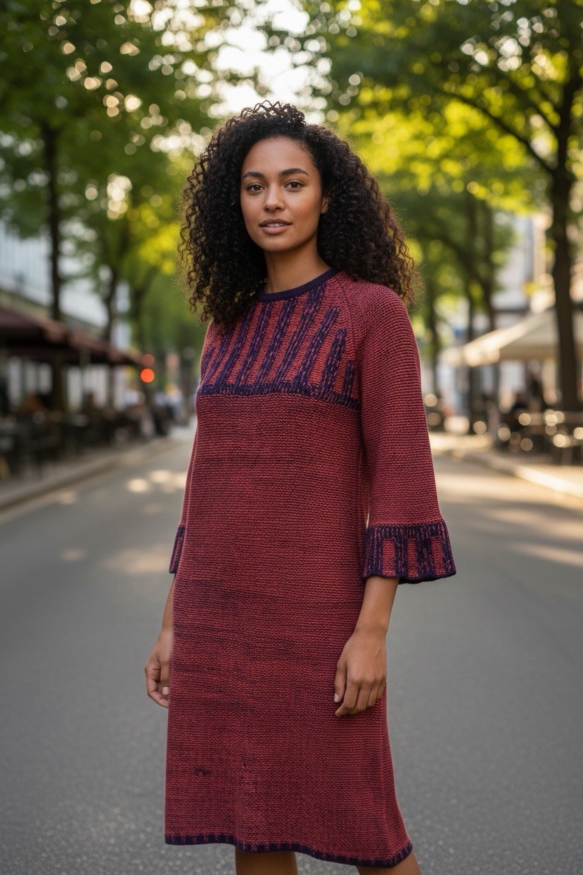Vintage 100% Wool Knit Dress US Womens Small Red Navy Boho Indie Retro