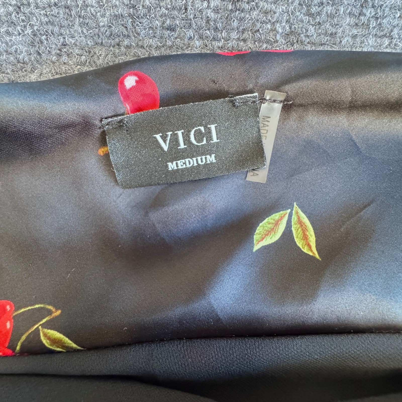 VICI Black Cherry Print Cowl Neck Maxi Dress Medium Open Back Side Slit Summer