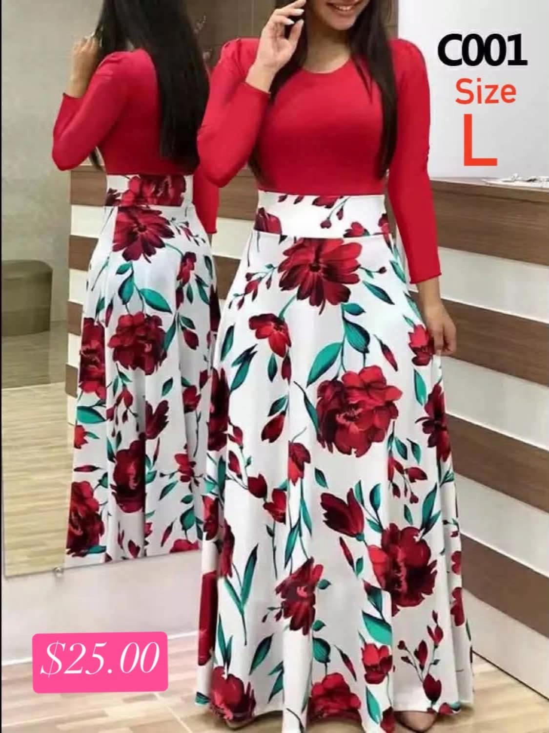 Women’s Red & White Floral Maxi Dress Long 3/4 Sleeve Size L Regular
