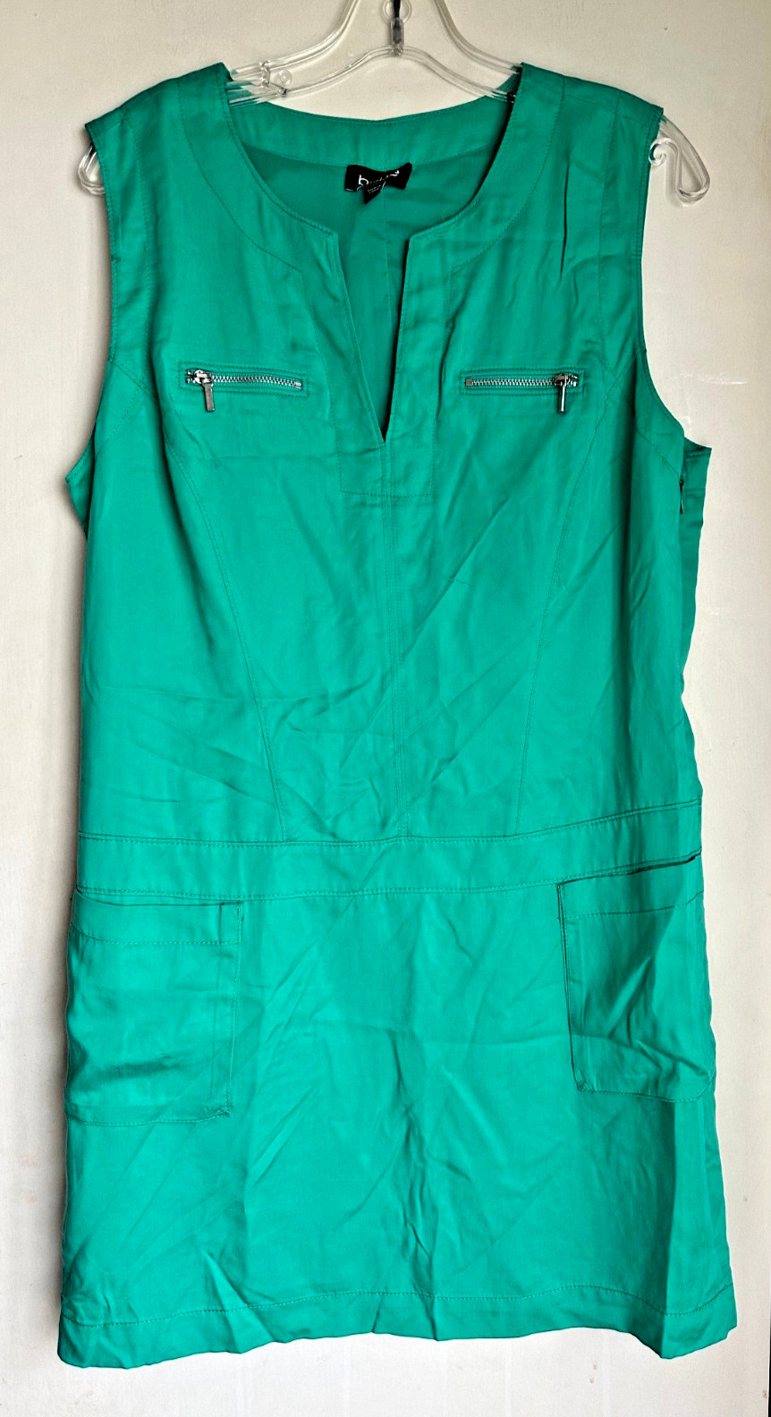 Bebe Deep Green Shift Mini Dress with Zip Chest Pockets Size 12