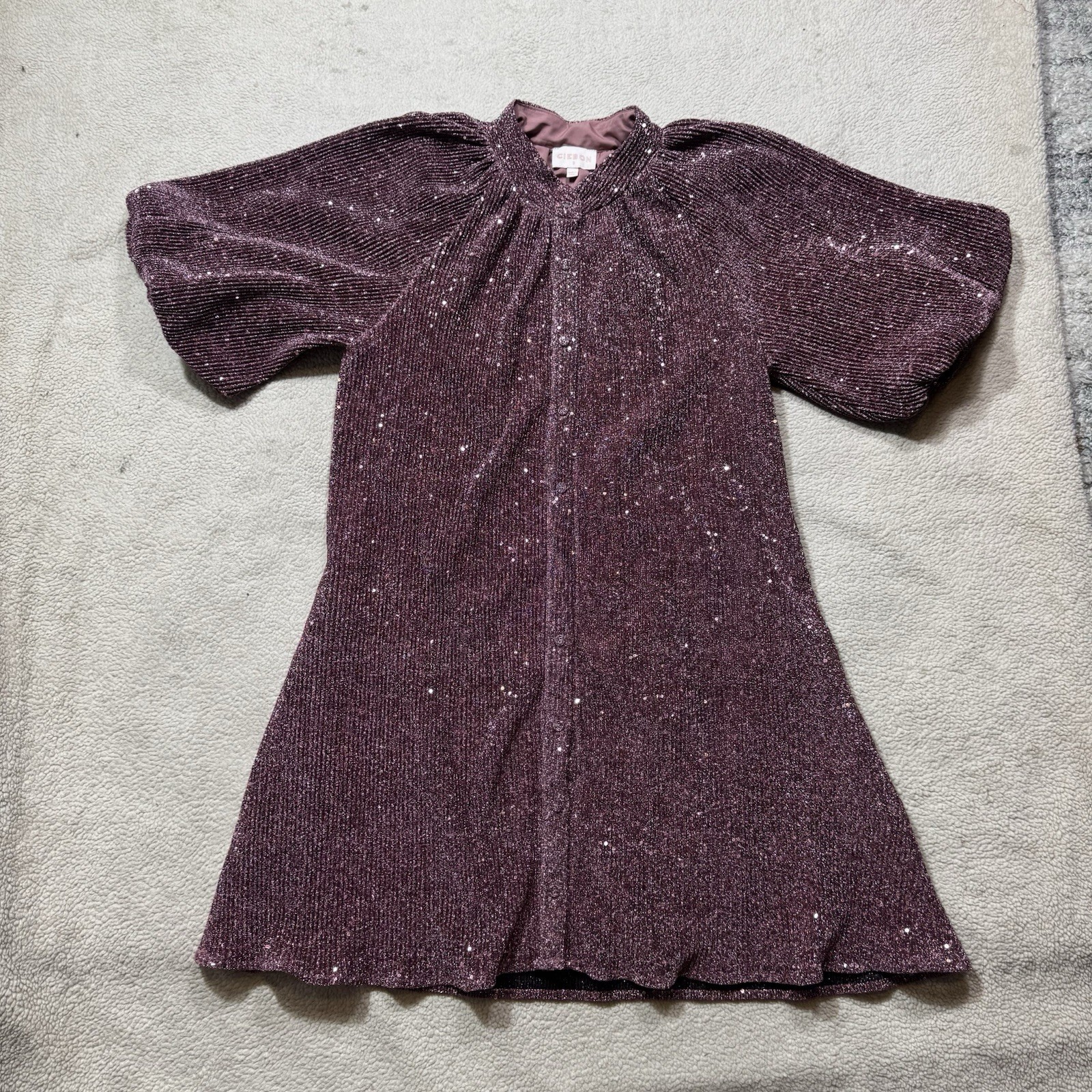 Ciebon Dress Womens Small Aniston Sequin Button-Up Metallic Pink Puff Sleeve