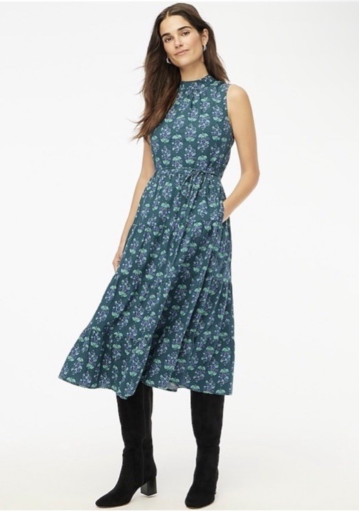 NWT $128 J. Crew 16 Floral Print Mock Neck Tiered Midi Dress Teal Spruce Pockets