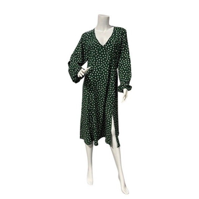 Green Floral V-Neck Midi Dress Long Sleeve Side Slit Casual A-Line Large