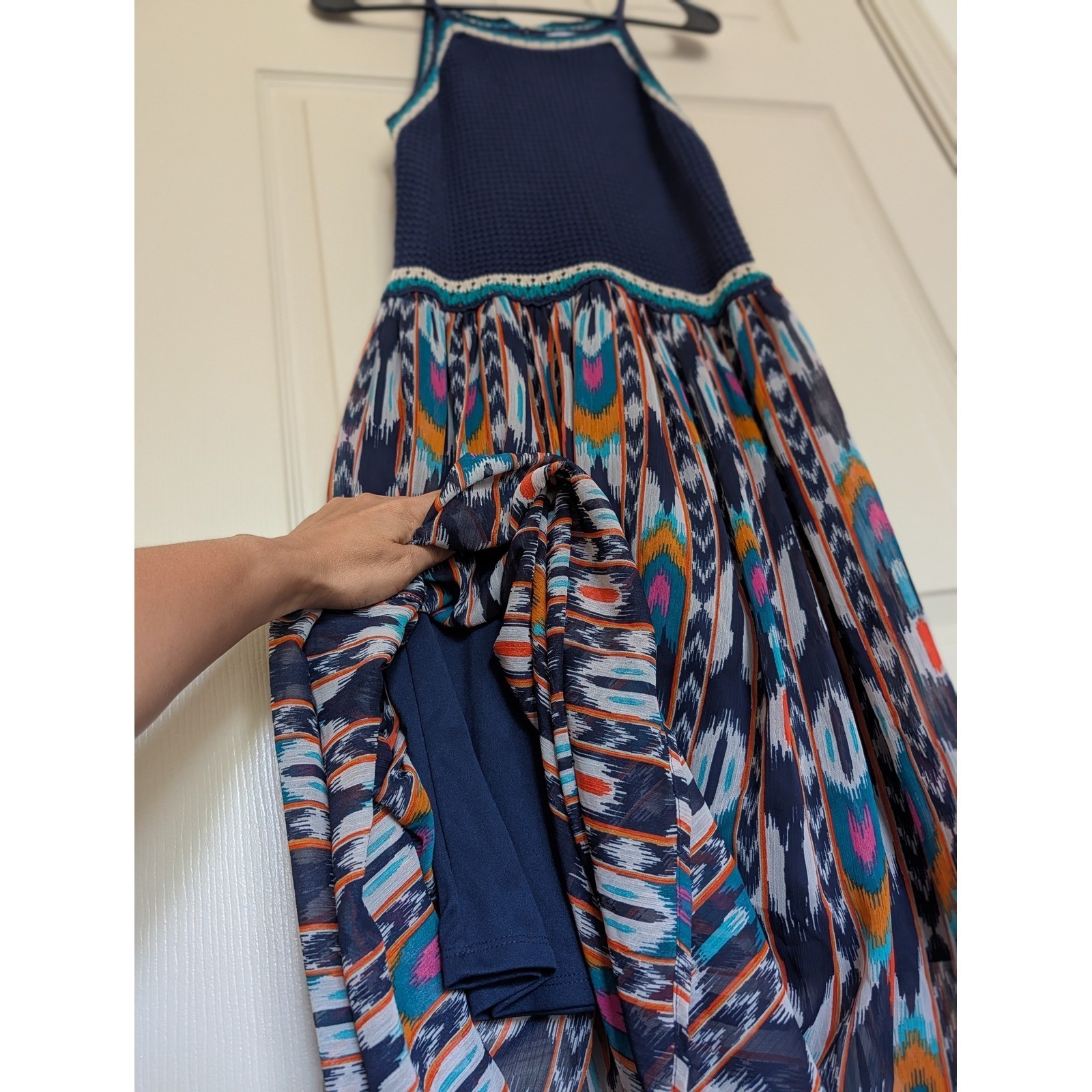 Crochet Halter Ikat Print Maxi Dress Medium Boho Summer