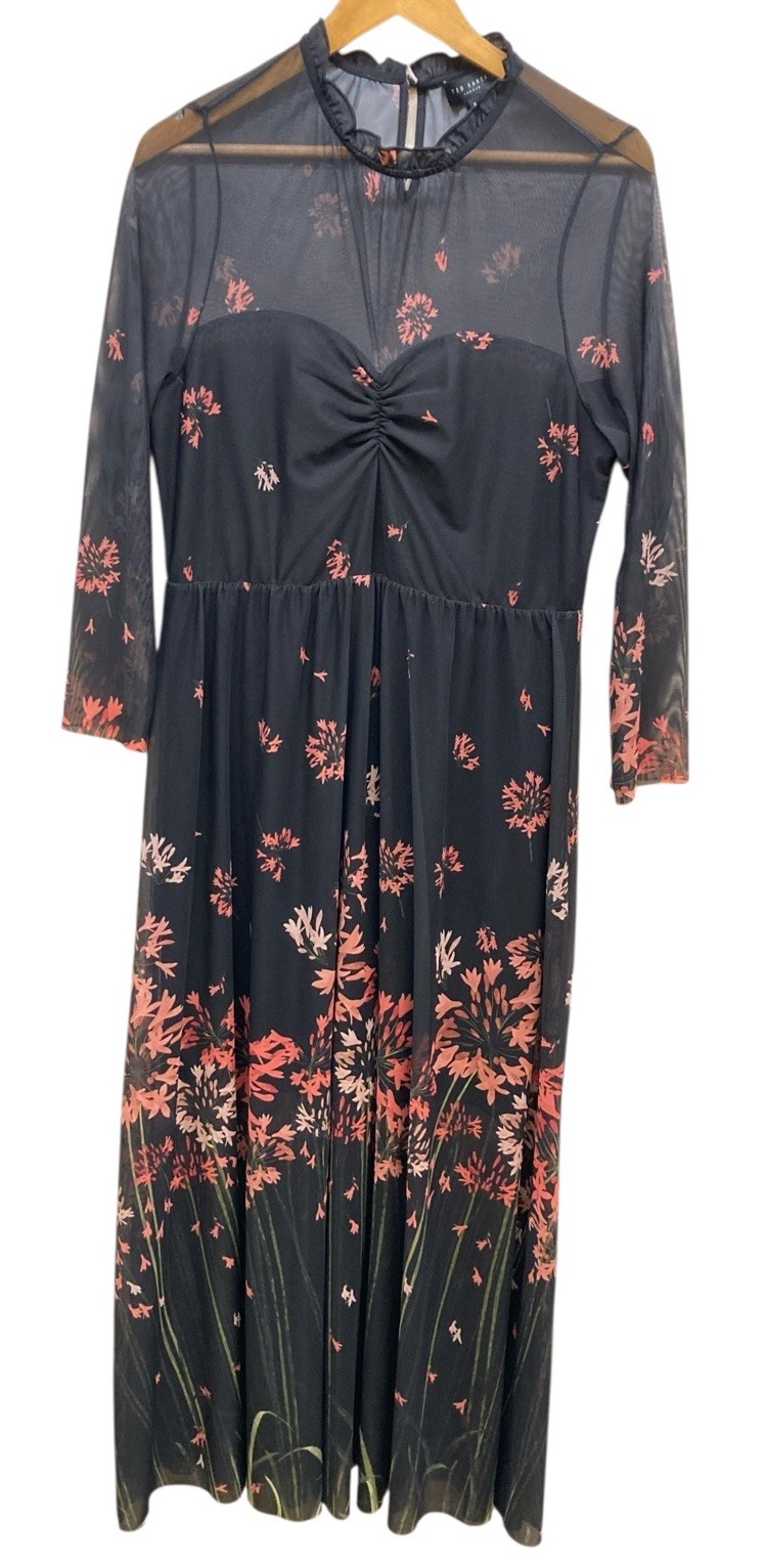 Ted Baker Dress Small Black Mock Key Hole Sheer Maxi Floral Ruched Lined Stretch