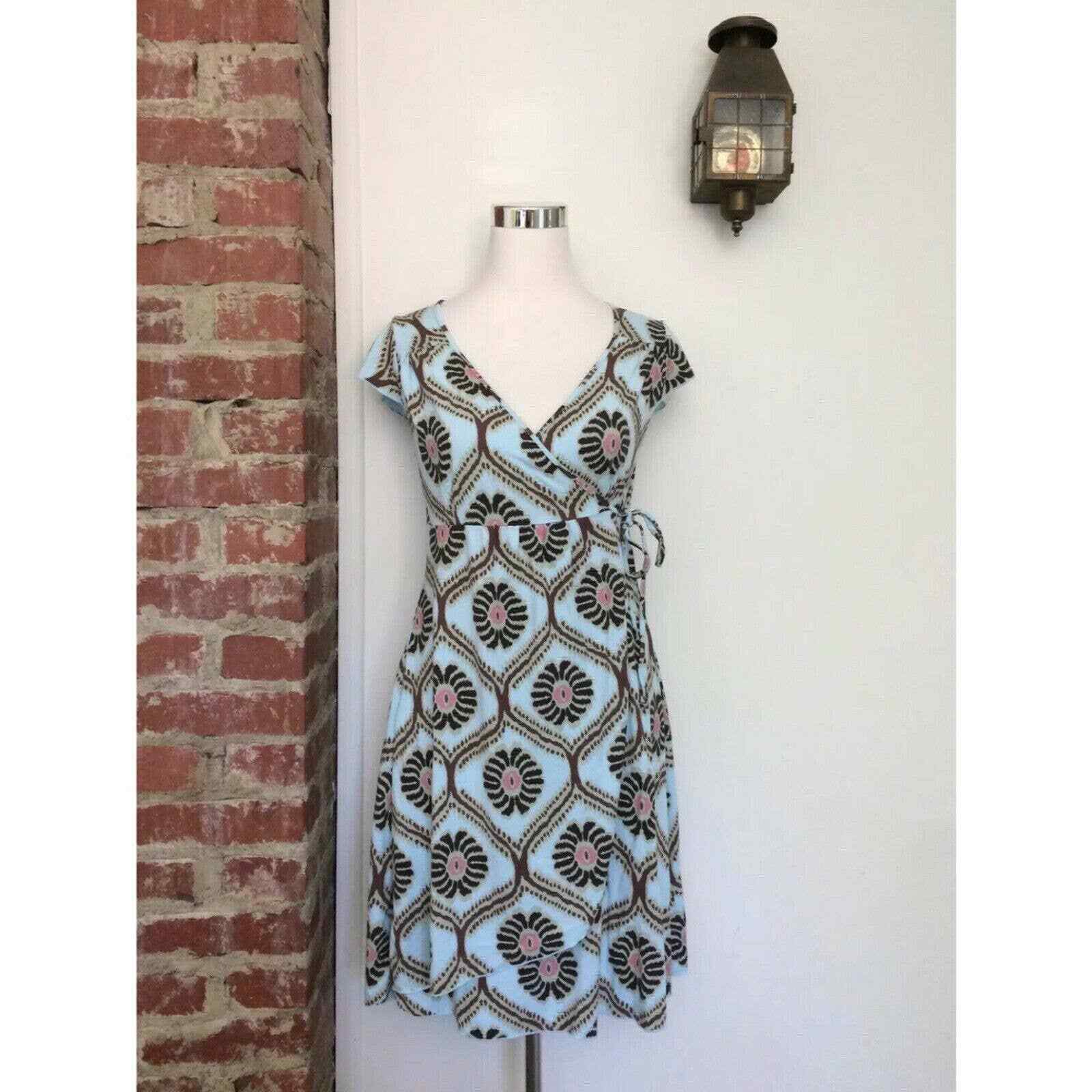 Fresh Produce Cafe Wrap Dress Blue Fiji Print Cap Sleeves Ikat Womens Size XS