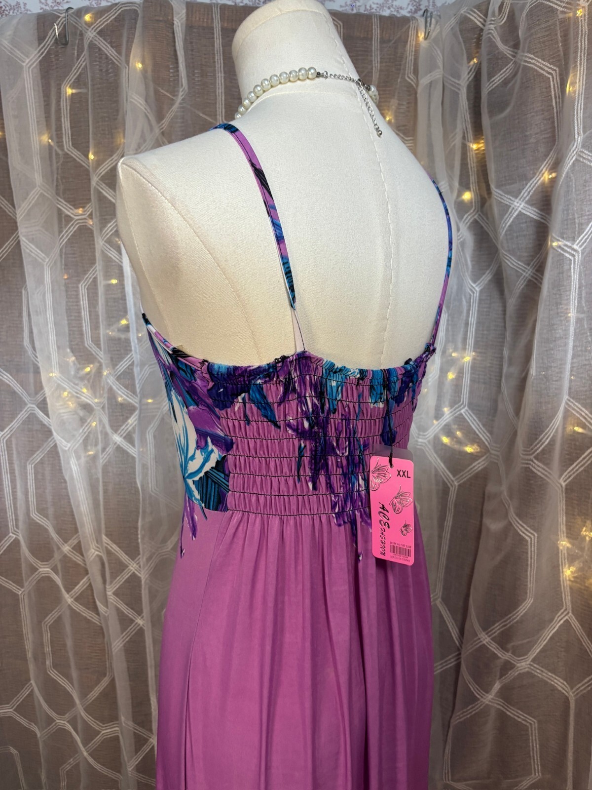 Silk Blend Tropical Floral Slip Maxi Dress Purple Blue Y2K Vacation XS