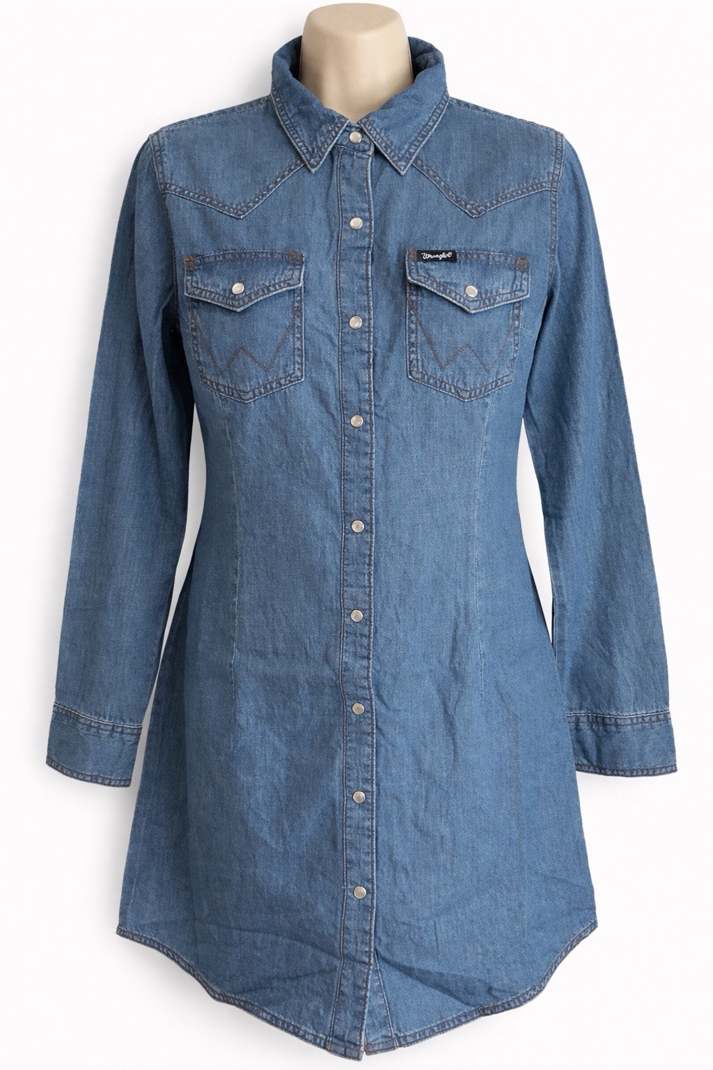 EX Wrangler Blue Retro Denim Shirt Dress Pearl Snap Western Size XS S M L XL 2XL