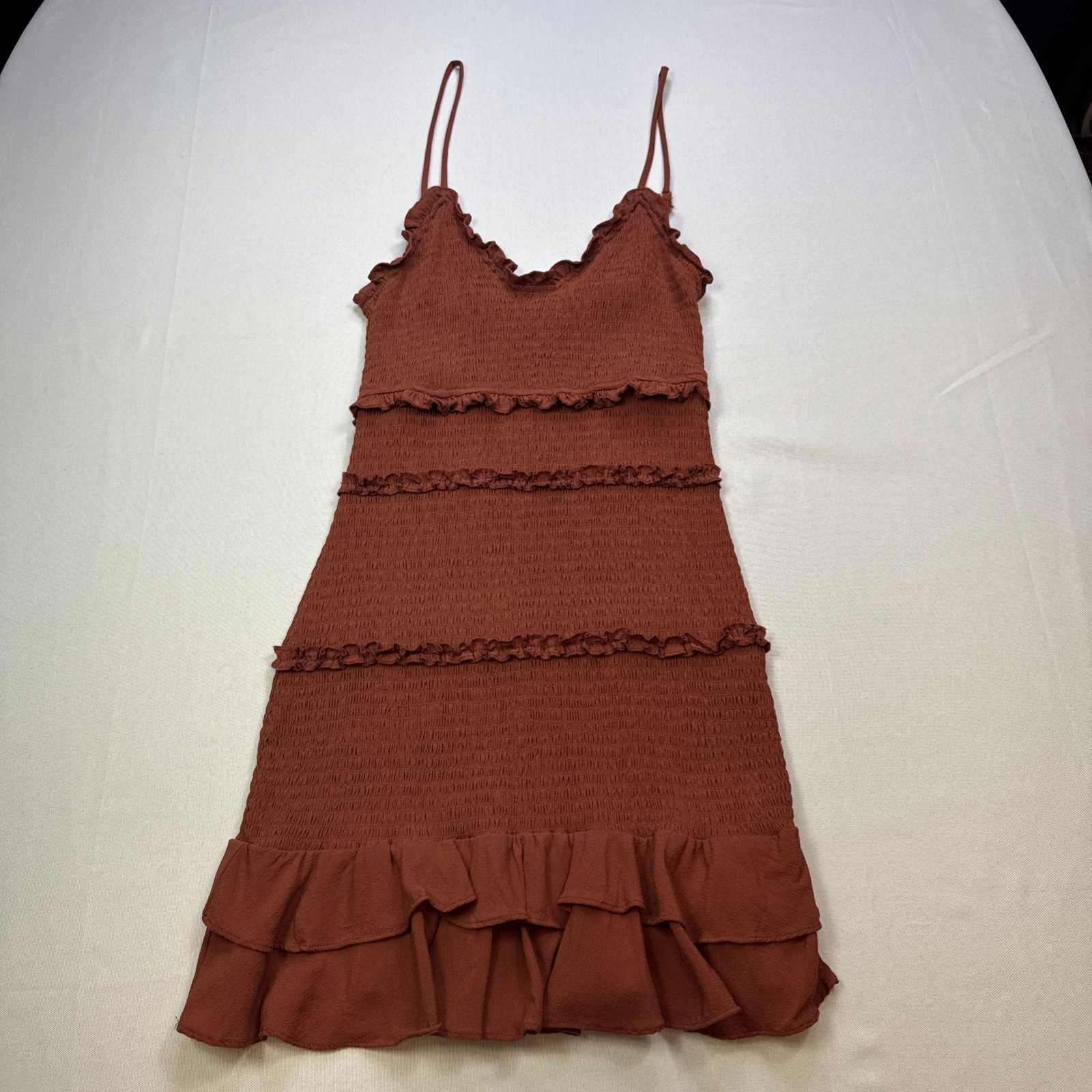 OLIVACEOUS Rust Mini Dress Size S Tiered Ruffle Smocked Spaghetti Straps #0112