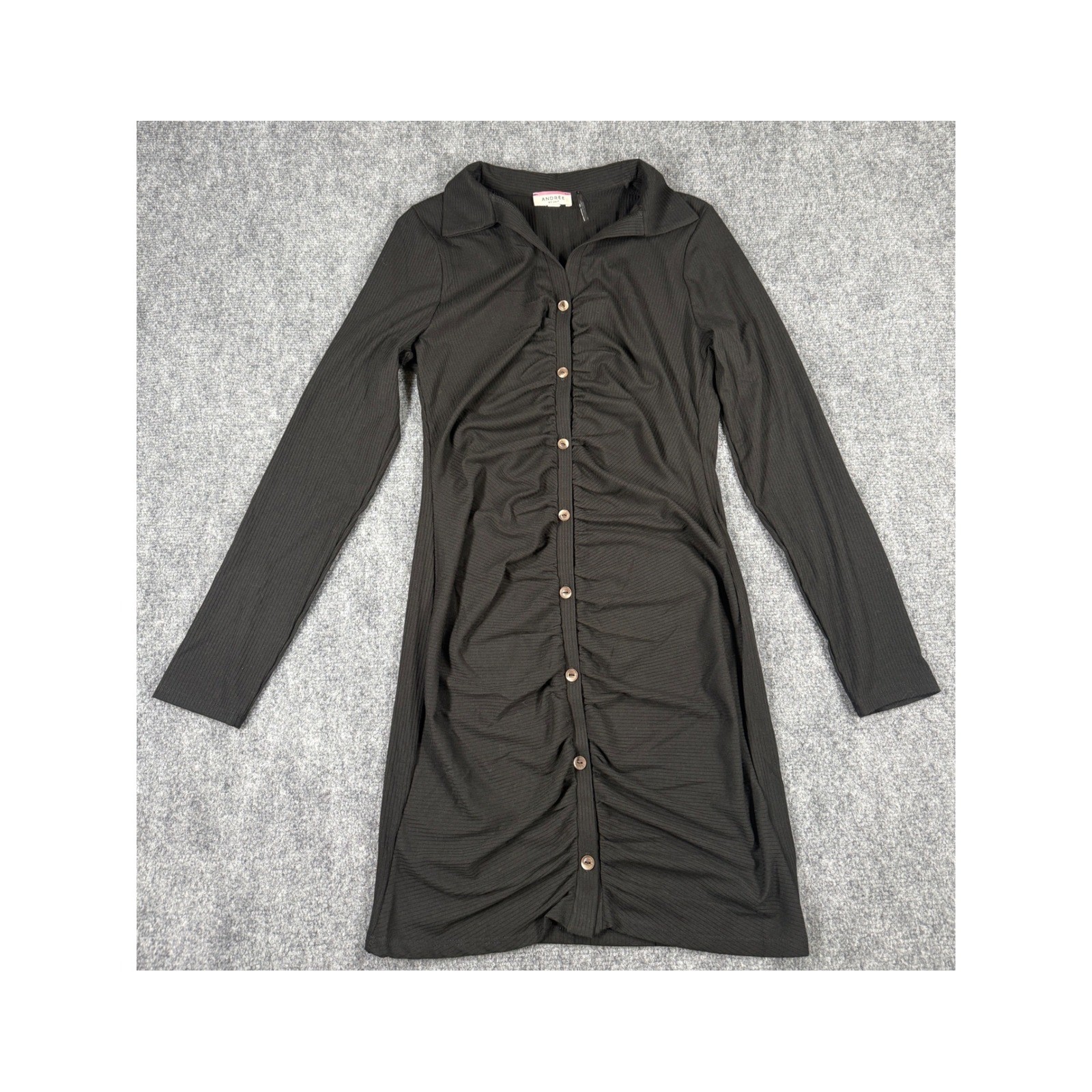 Andree by Unit Womens Medium Black Ribbed Long Sleeve Button Ruched Dress NEW