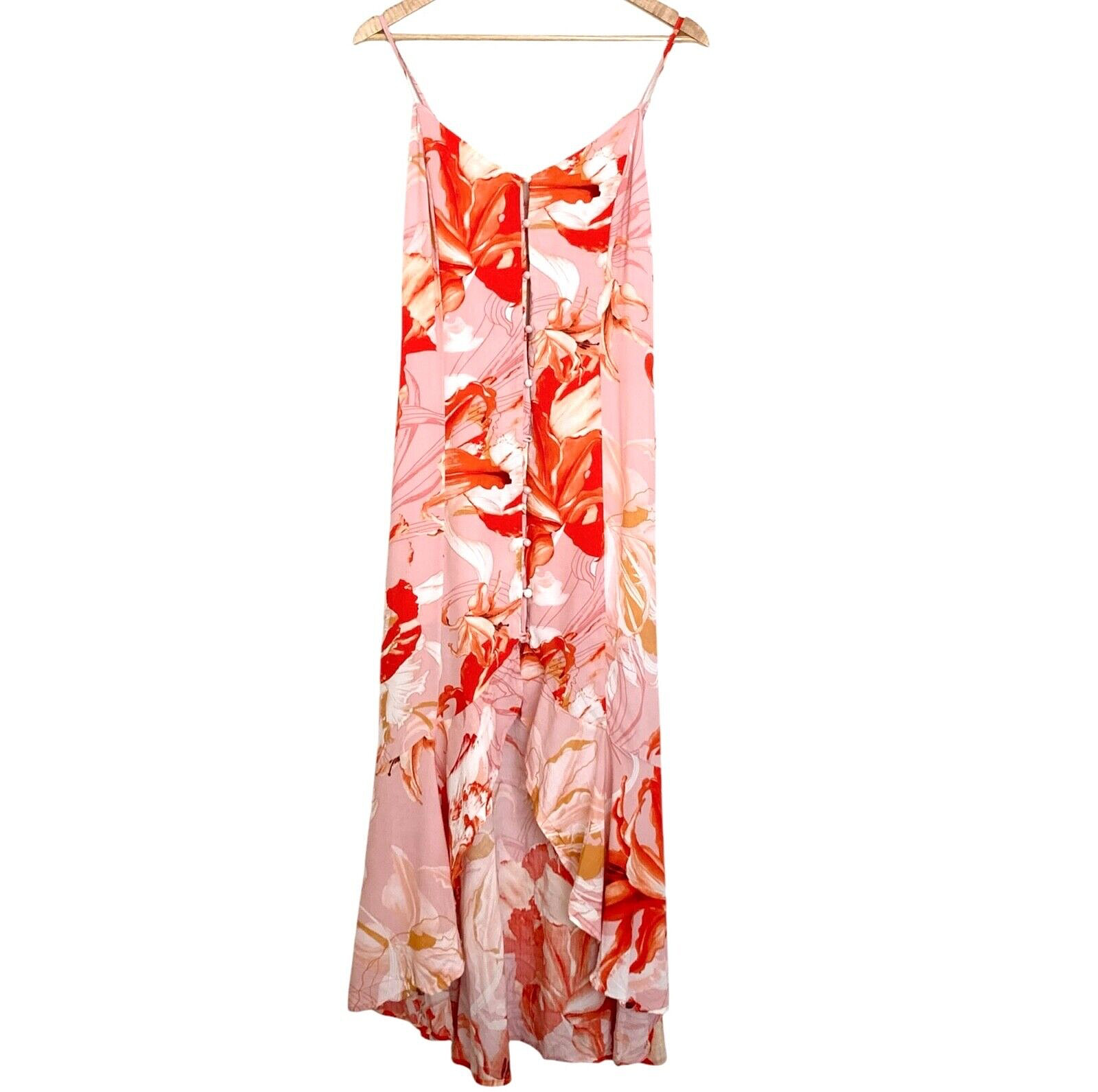 ABEL THE LABEL Lola Flower Bomb Midi Dress Sz M Flounced Hi Low Cutout Back Pink