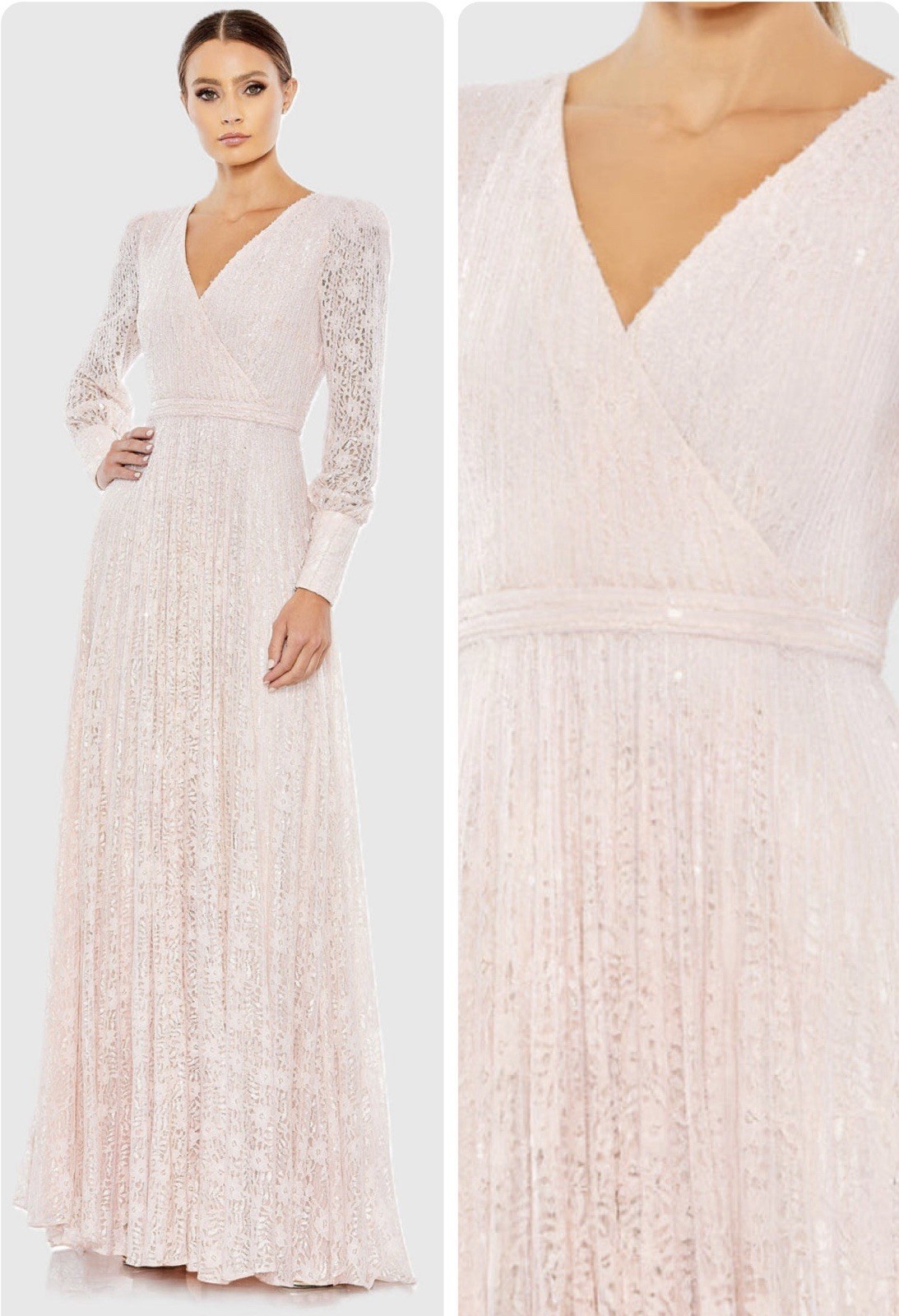 MAC DUGGAL Gown Size 14 Beaded Lace Wrap Over Rose Pink Long Sleeve 93679D NWT