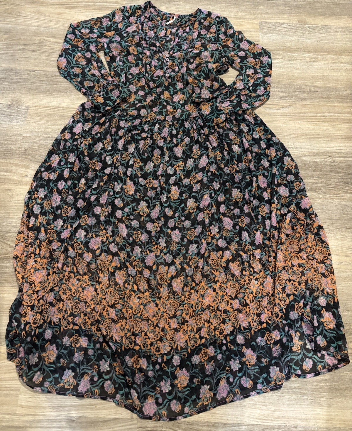 Free People Dress Small Floral See It Through Black Long Sleeve Maxi Sheer