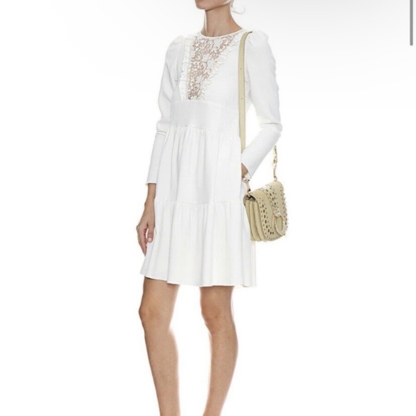 SEE BY CHLOE NWT Misty Ivory Long Sleeve Front Ruffle Lace Tiered Dress Sz 34