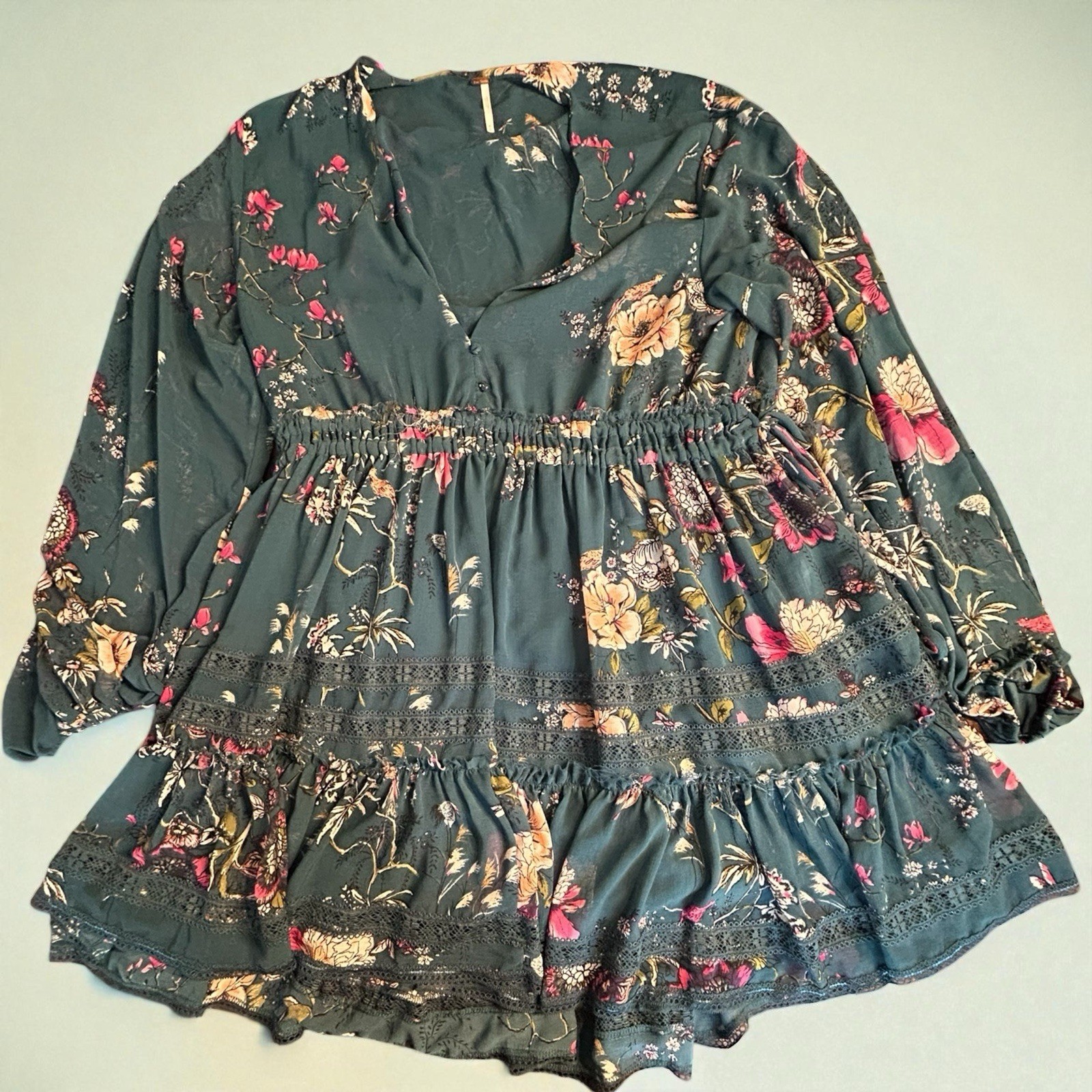 Women’s Free People Cherry Blossom Mini Dress Green Floral Boho M