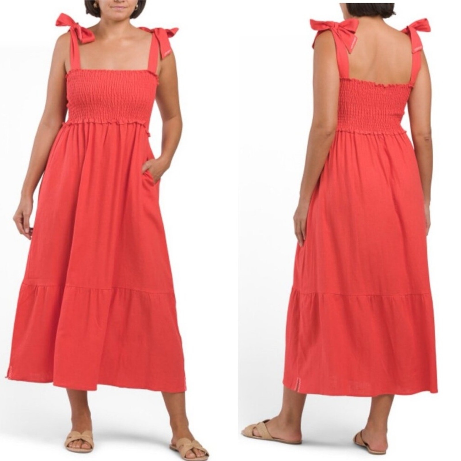 Caryn Lawn Coral Linen Smocked Midi Dress One Size