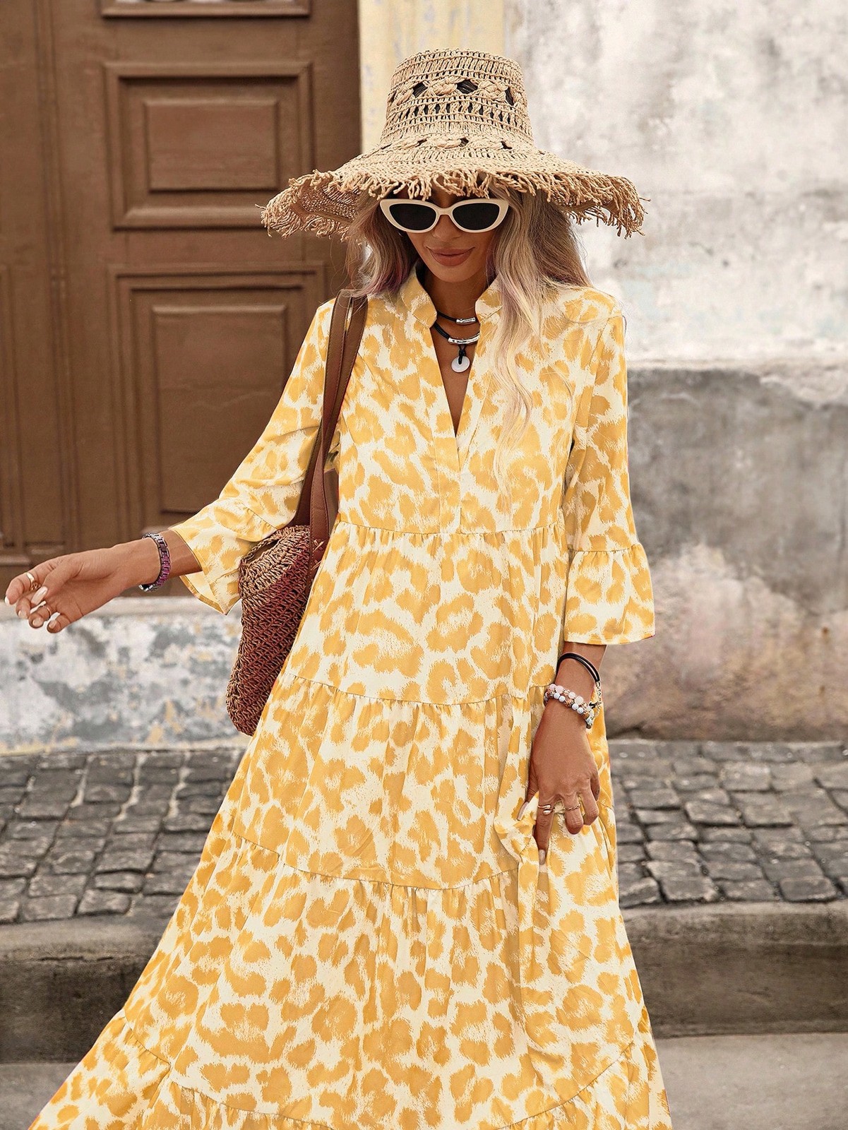 Cute Women’s Yellow Ruffle Hem Long Dress