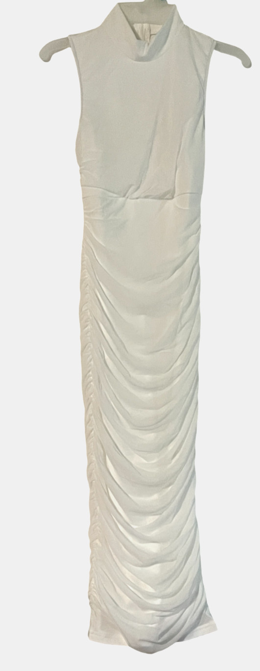OYS Size Small Mock Neck Sleeveless Very Ruched Lined Midi Dress Bodycon White