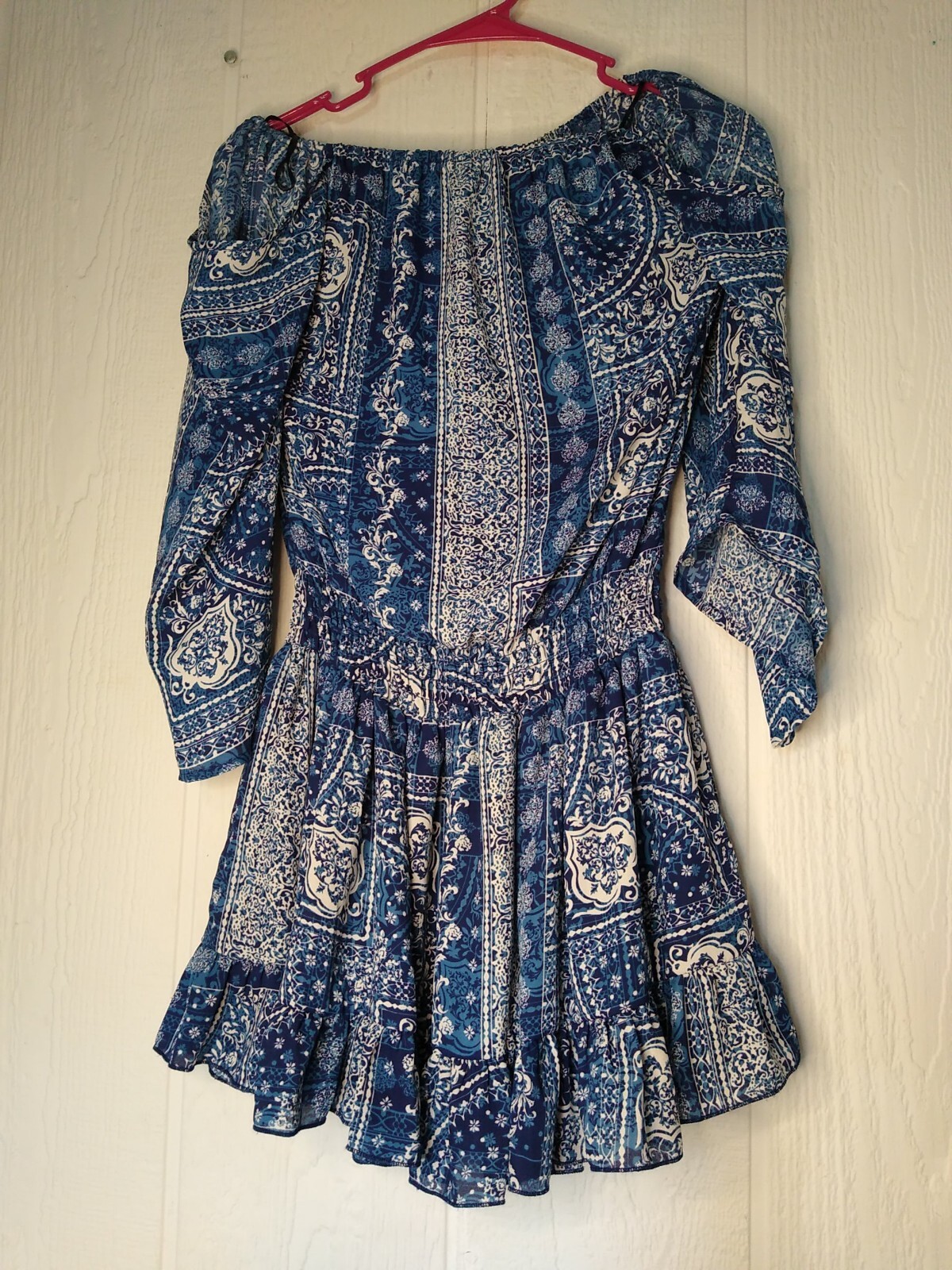 Surf Gypsy Womens M Havana Off Shoulder Tunic Dress Blue Lined Ruffle Mini NWT