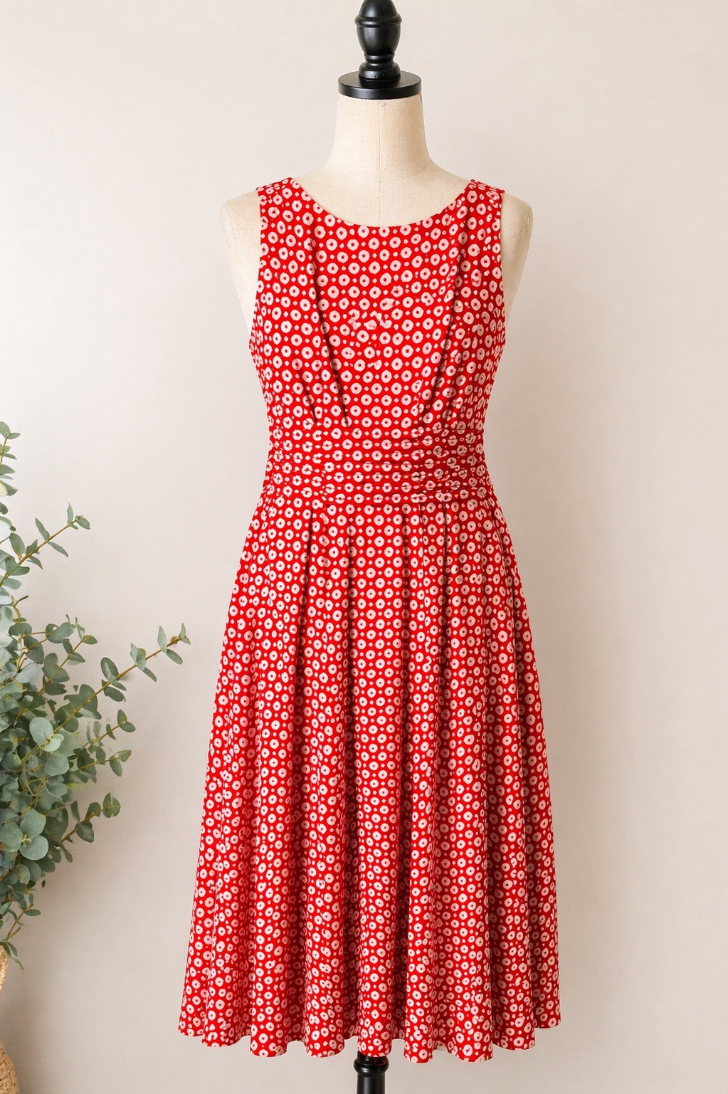 Perceptions Red Polka Dot Midi Dress Sleeveless Fit & Flare Pleated Waist size M