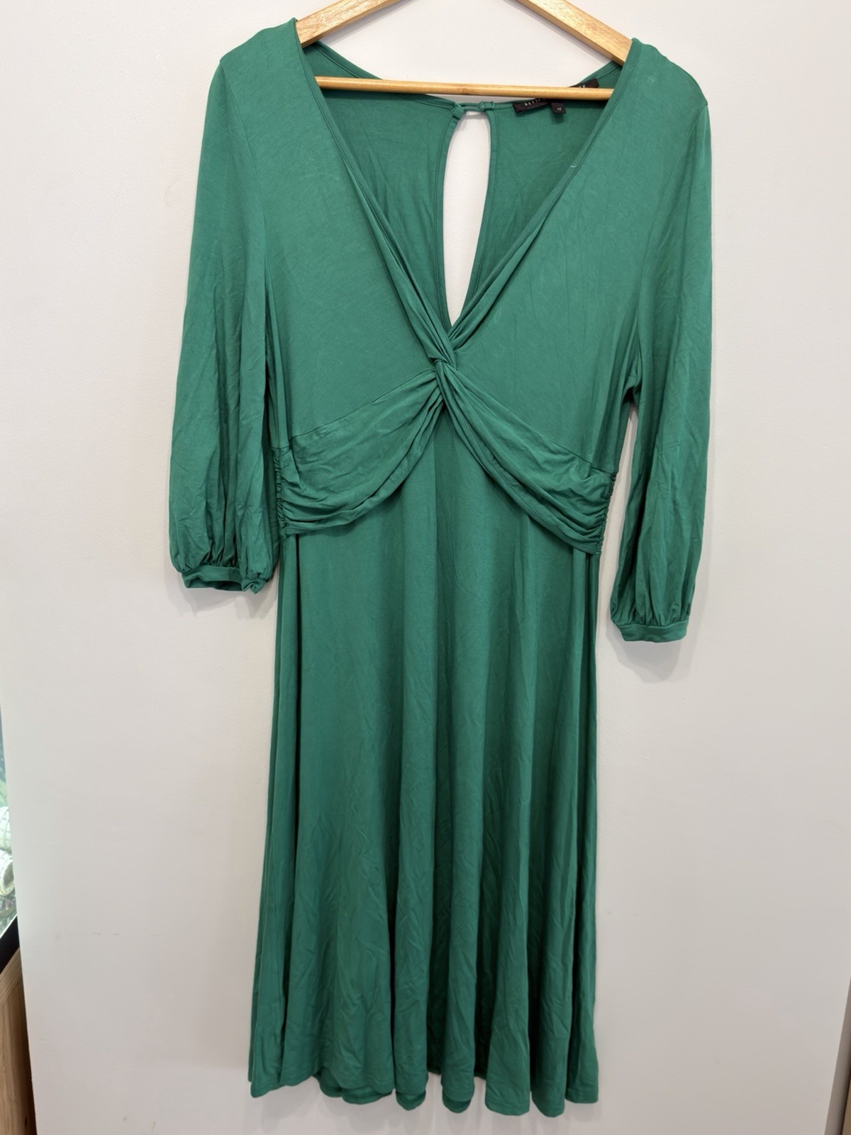 Betty Jackson Black Green Twist Front Dress UK 14 Stretch Keyhole Back Midi