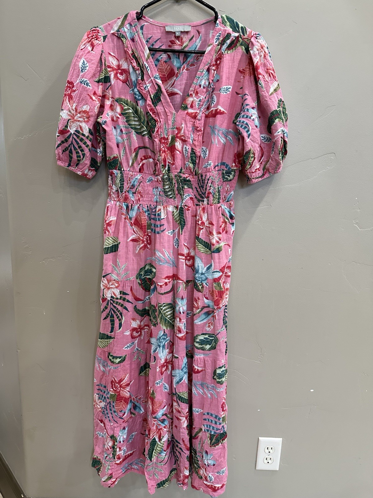 J GEE Pink Tiered Midi Dress Petite Large Smocked Waist Cotton Cottagecore