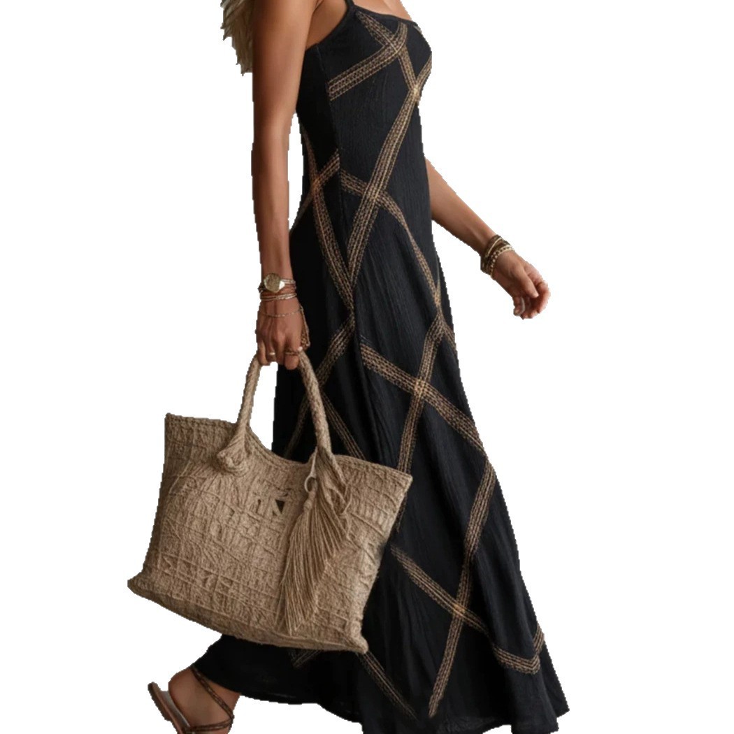 New Arrival Printe Striped And Solid-color Strap Dress