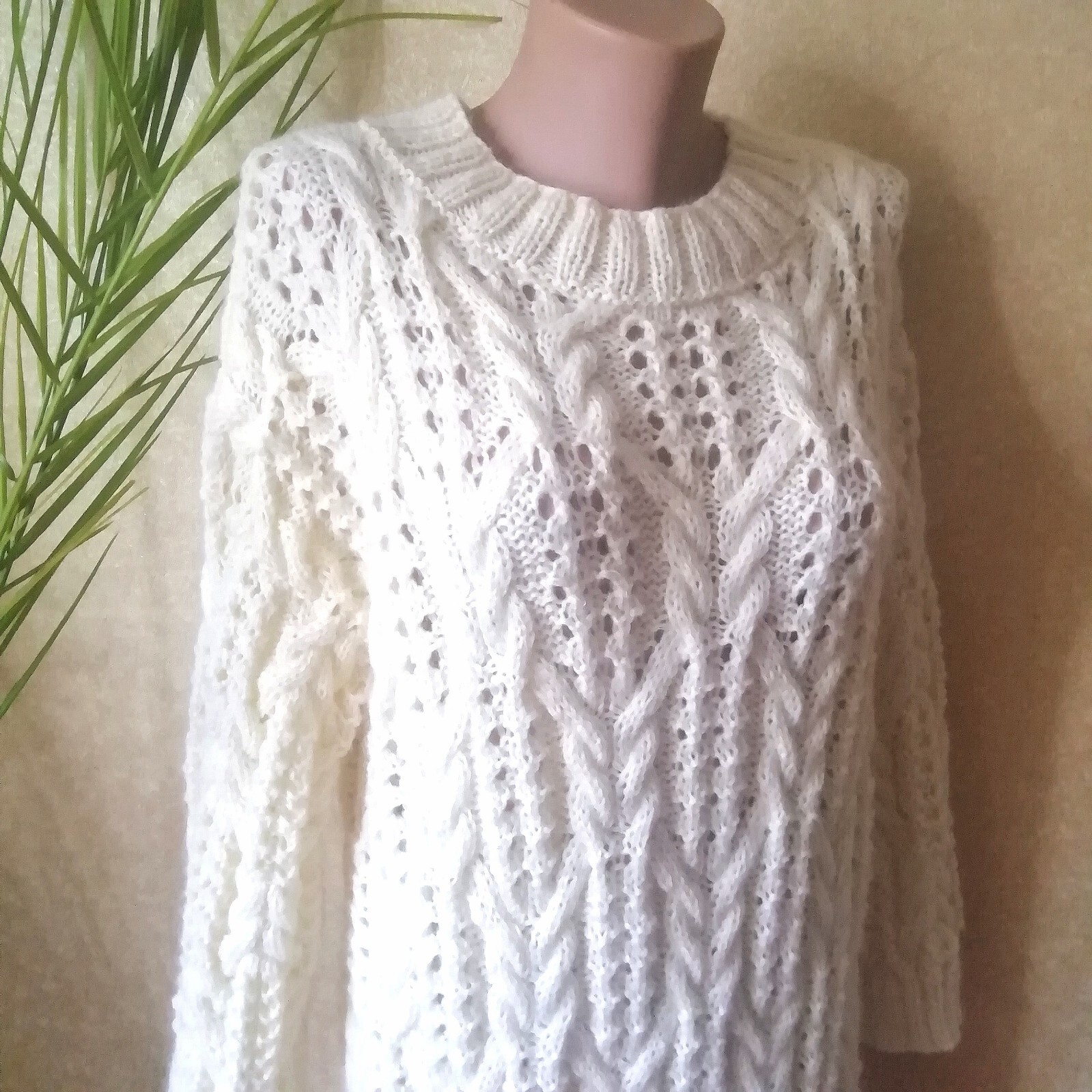 White wool-mohair knitted dress-sweater Lace long women tunic Crochet style robe