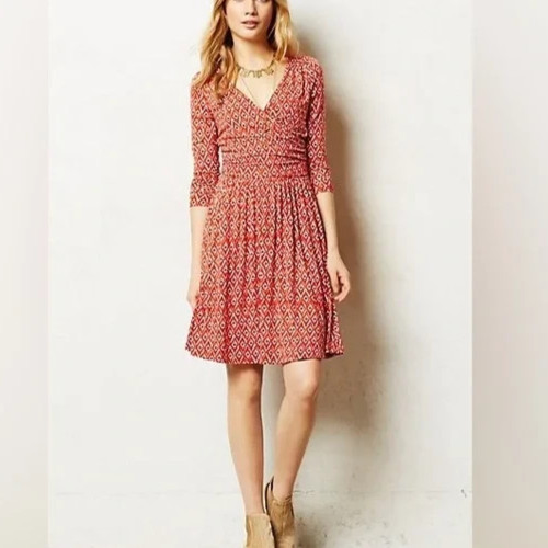Anthropologie Maeve Faux Wrap 3/4 Sleeve Jersey Knit A-Line Dress Size XS