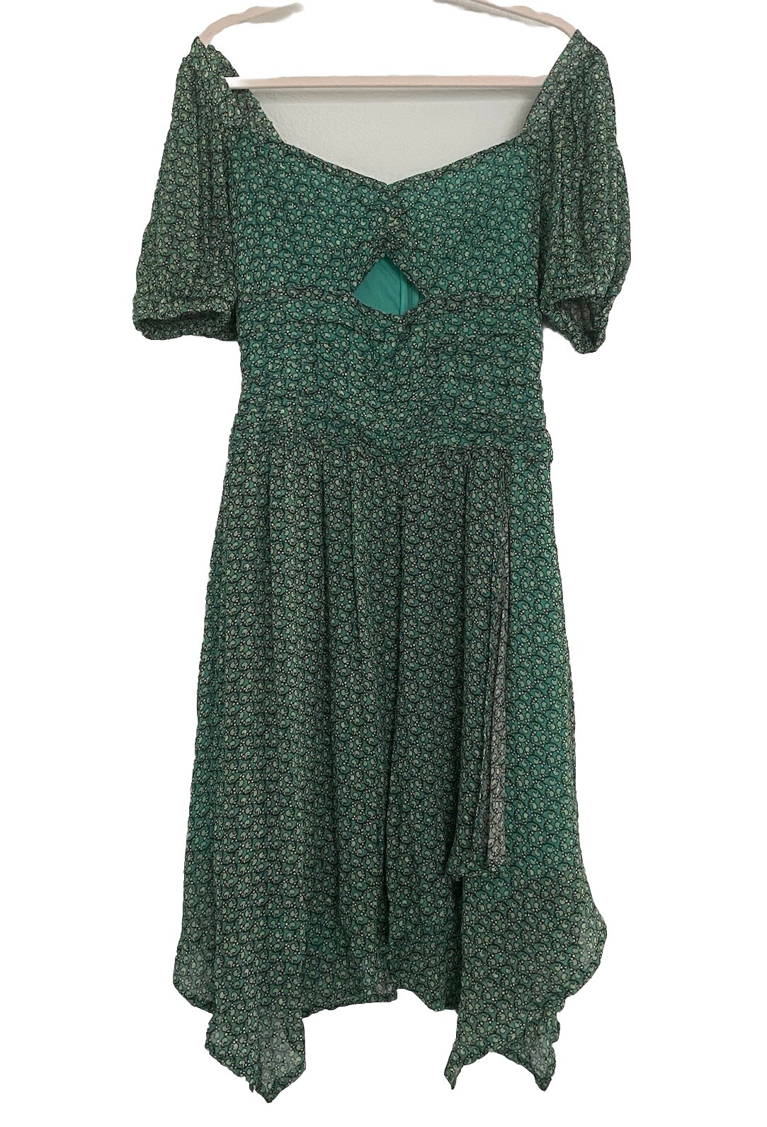 Anthropologie Fairy Dress Puffed Sleeve Midi Kelly Green 14 Handkerchief Hem