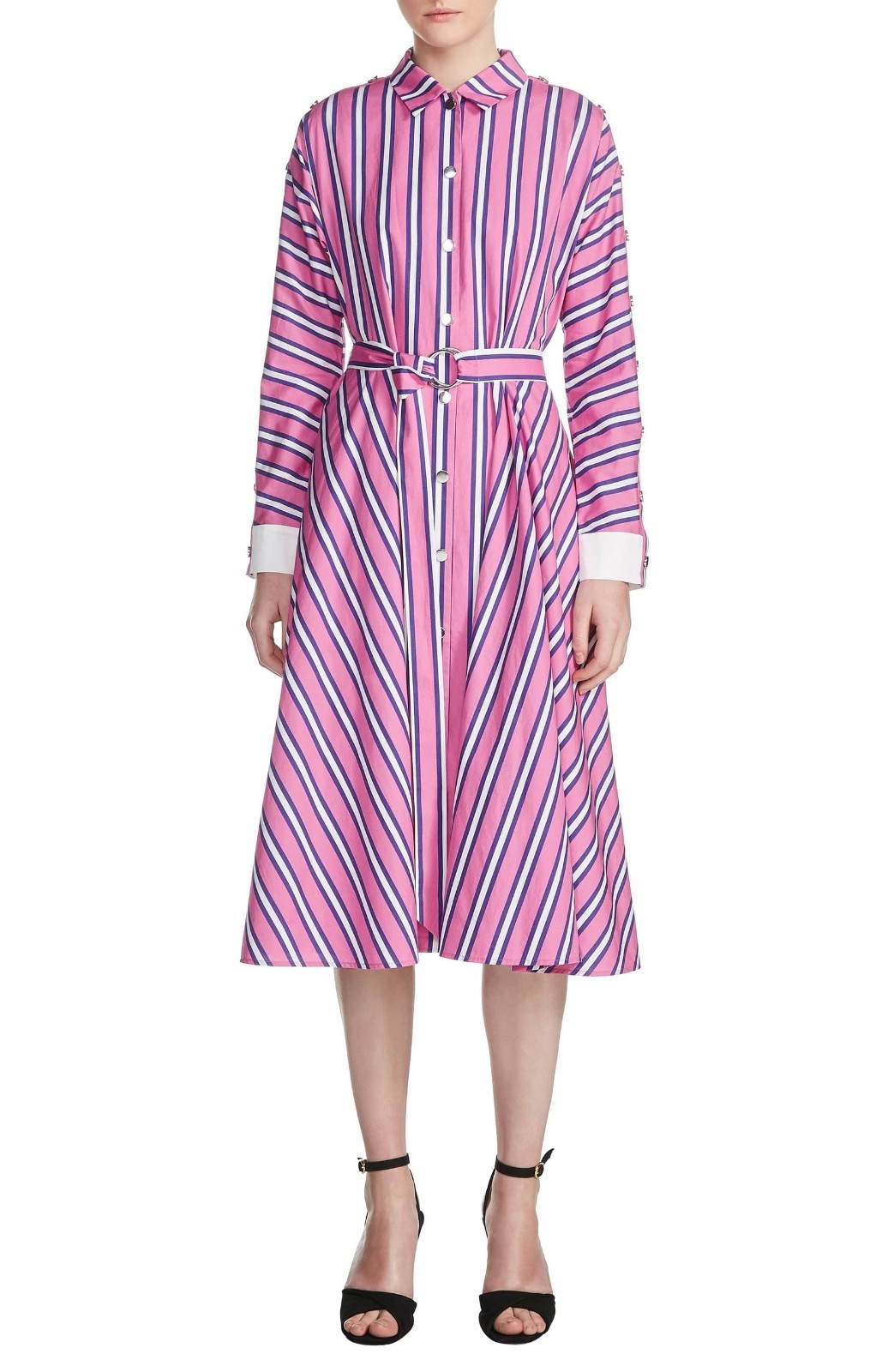 MAJE Pink Purple White Stripe Cocktail Midi Button-Down Shirt-Dress 3 = M 8/10