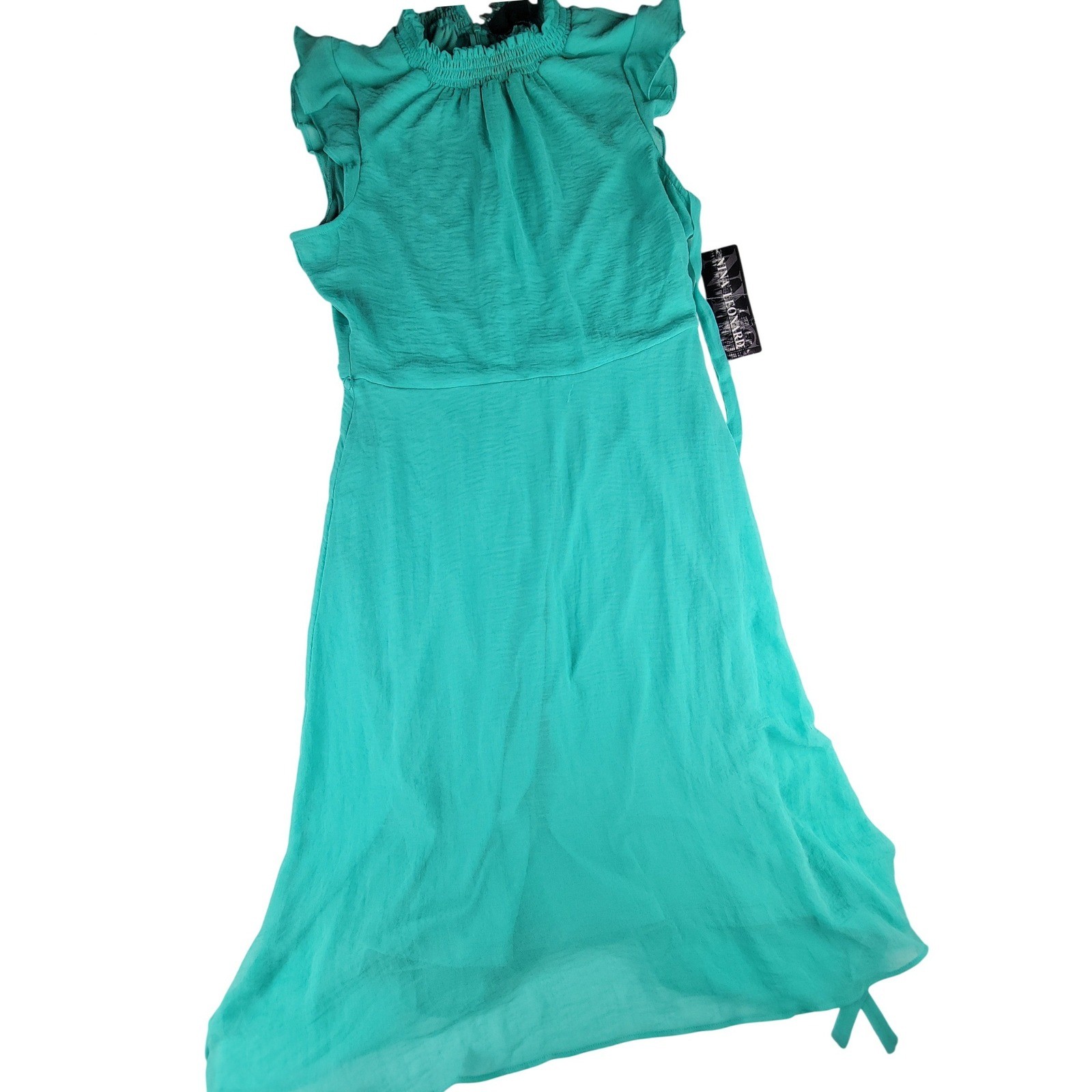 Nina Leonard Teal Sheer Ruffle Neck Midi Dress Women’s