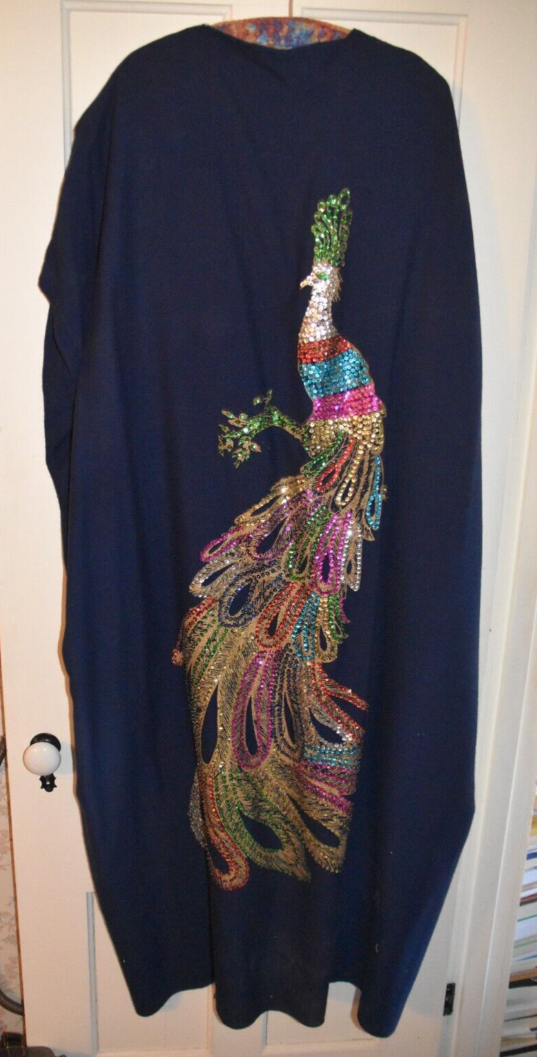 Custom Exotic Dark Blue Navy Full Length Contrast Painted, Sequined Robe Caftan