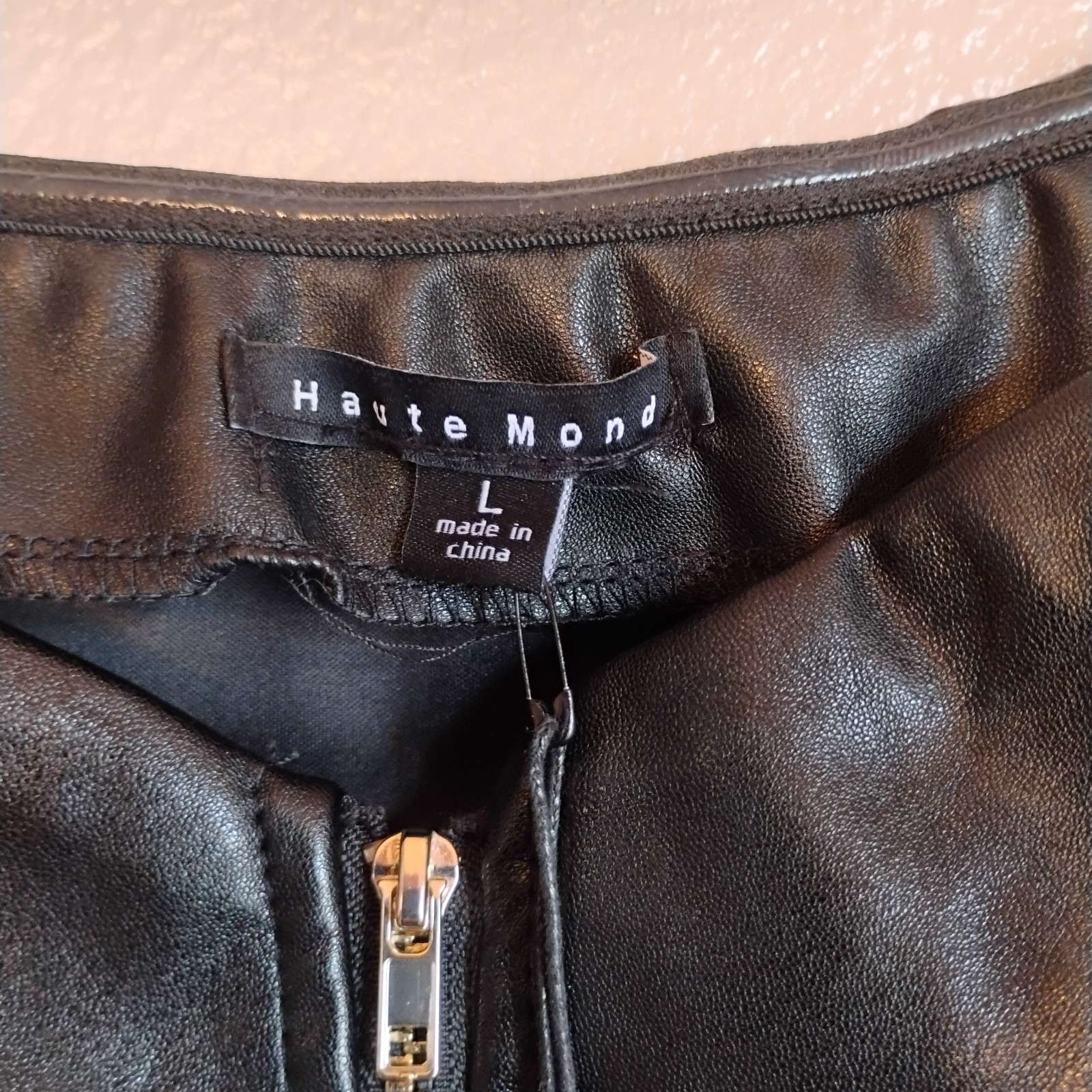 Haute Monde Black Faux Leather Zip Front Bodycon Midi Dress Size L NWT