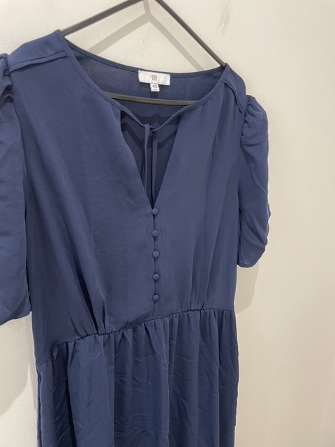 La Redoute Navy V-Neck Midi Dress Size 12 Short Puff Sleeves Draping RRP £52