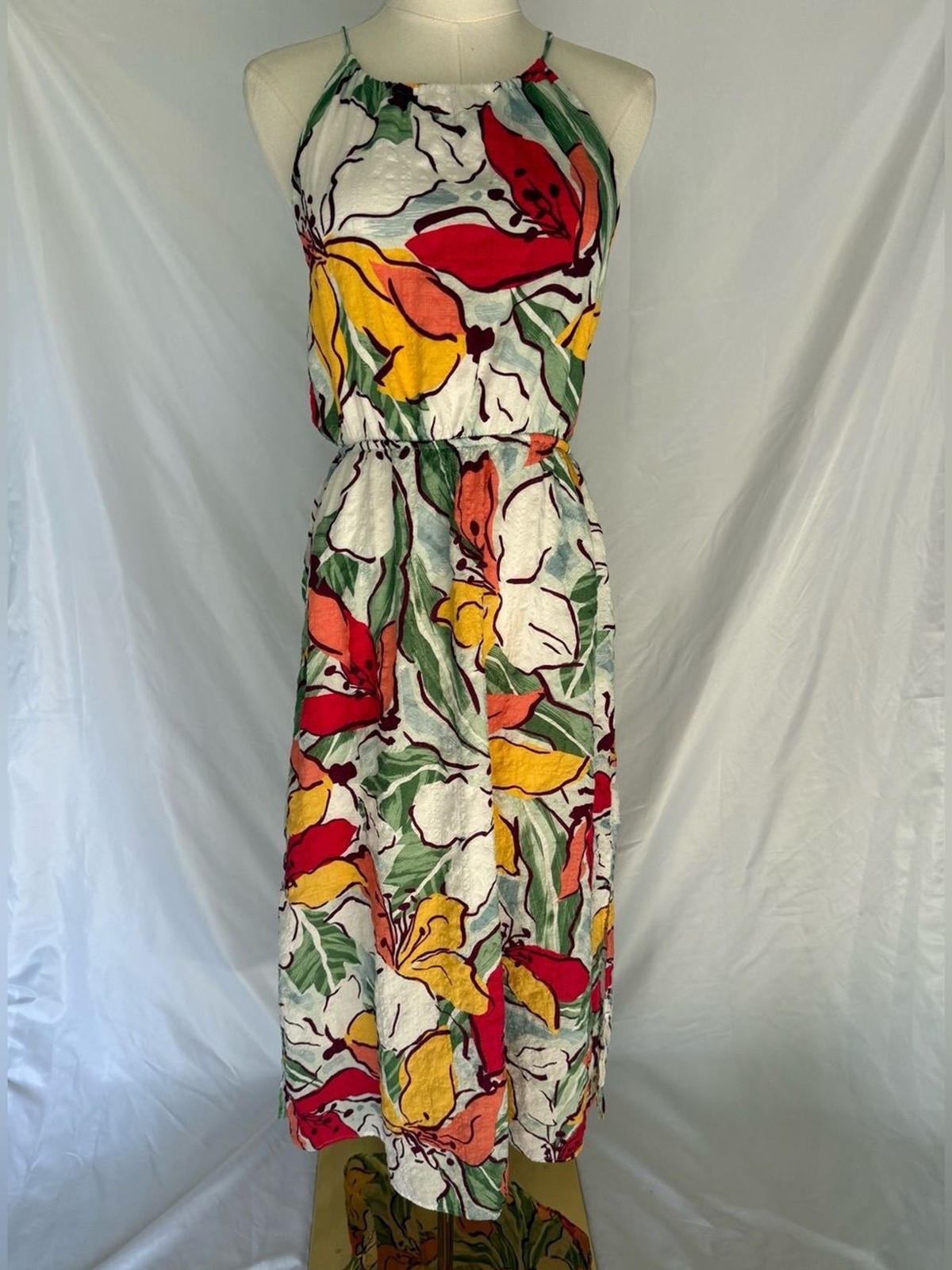 Gilli Tropical Floral Halter Neck Cut Out Waist Midi Dress Large