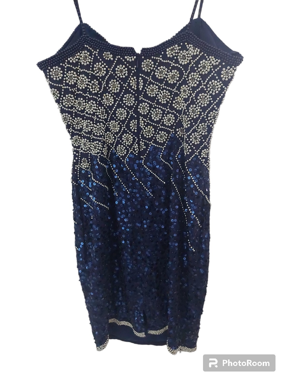 A J Bari Vintage 100% Silk Blue Silver Sequin Beaded Flower Evening Dress size 8