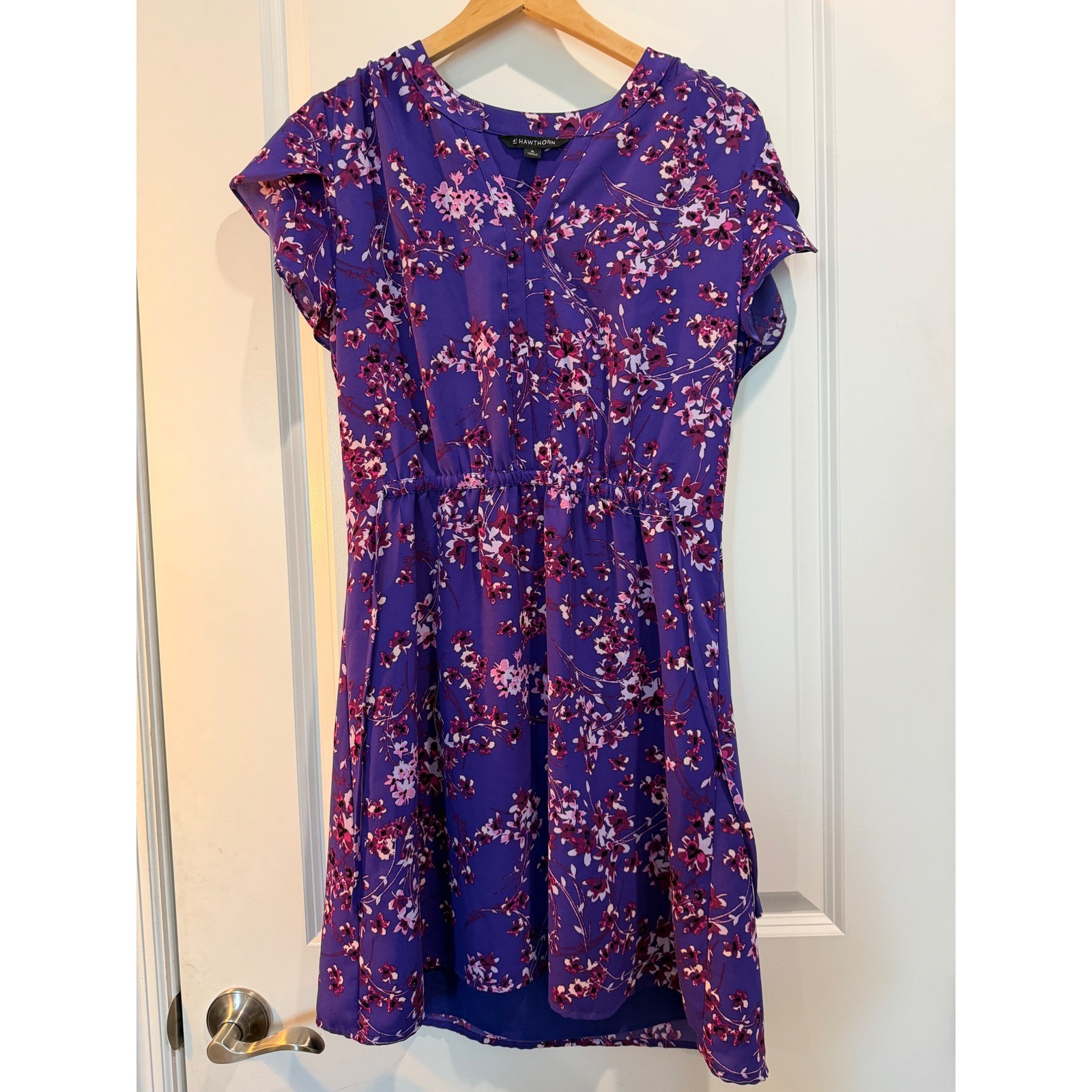 41 Hawthorn Purple Floral Flutter Sleeve Elastic Waist Dress WGW70258 Medium