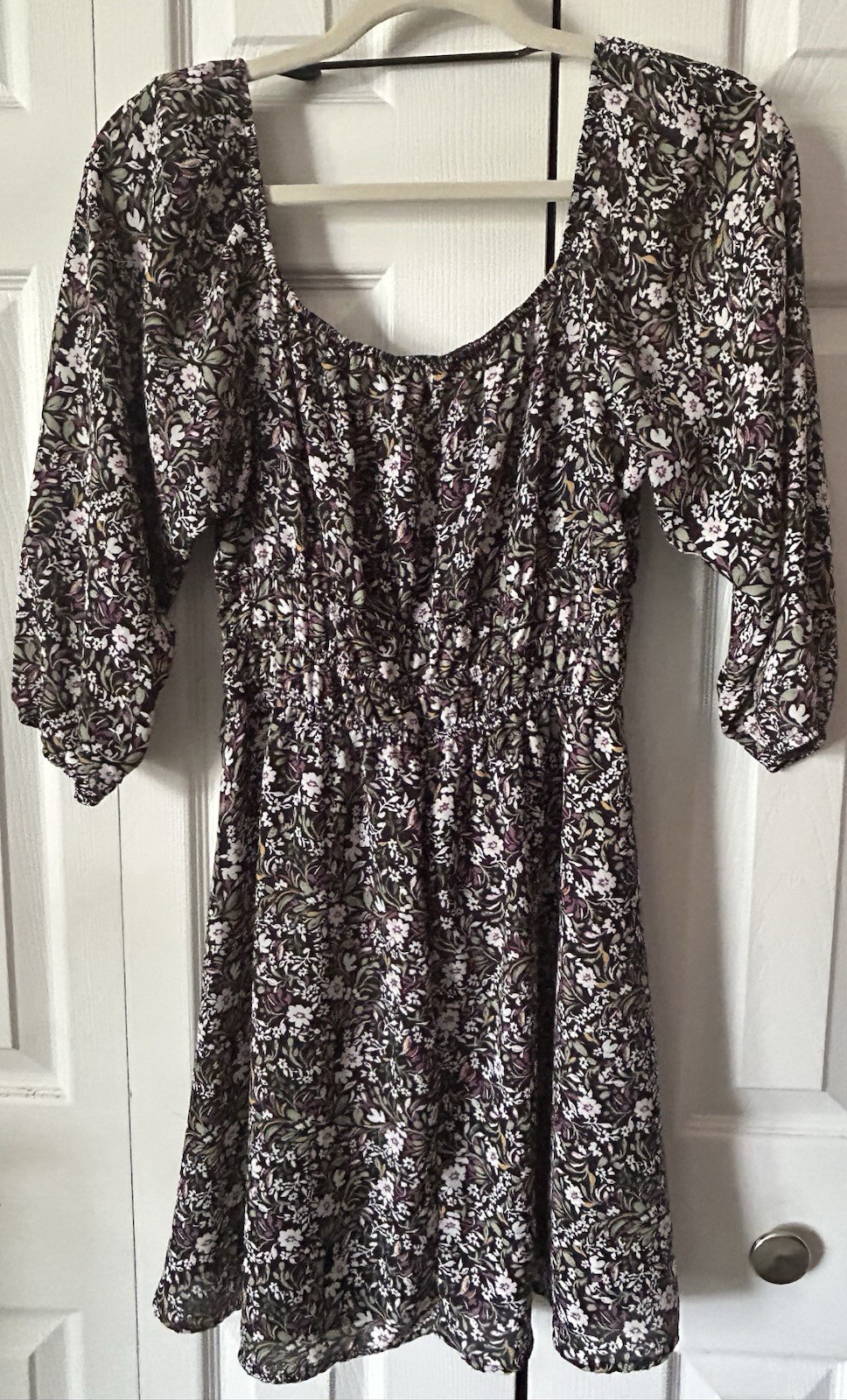 AUW Women’s M Floral Smocked Chiffon Lined Short Dress 3/4 Puff Sleeve