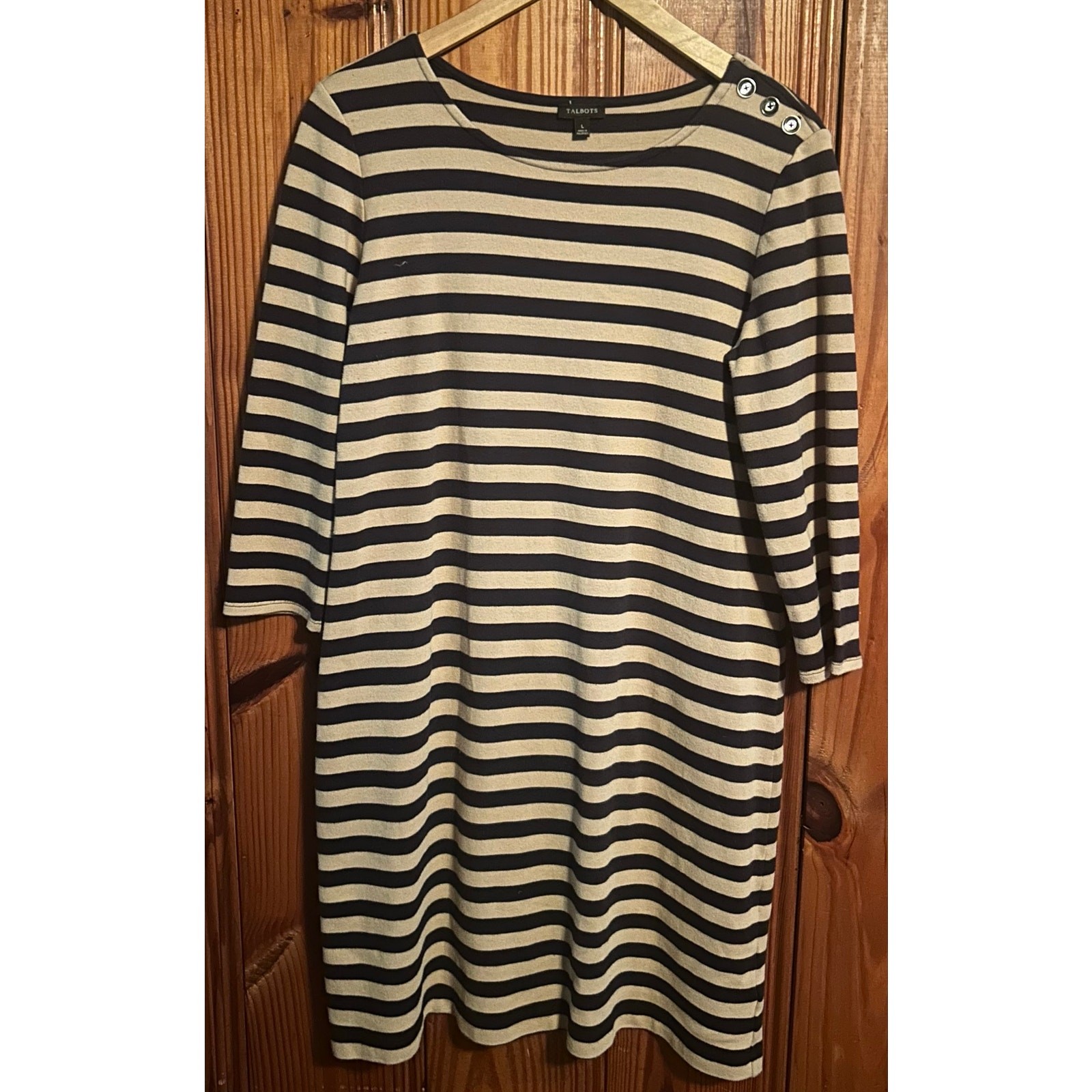 Talbots striped knit dress tan/navy stripes sheath nautical sailor size large