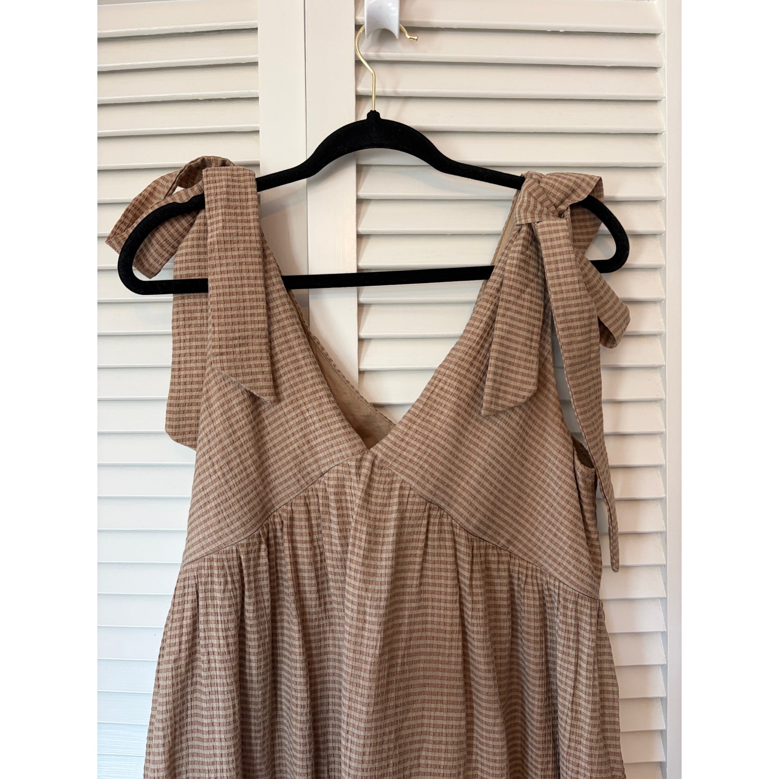 Apero Mallorca nursing dress medium gingham brown cream tan v-neck bow