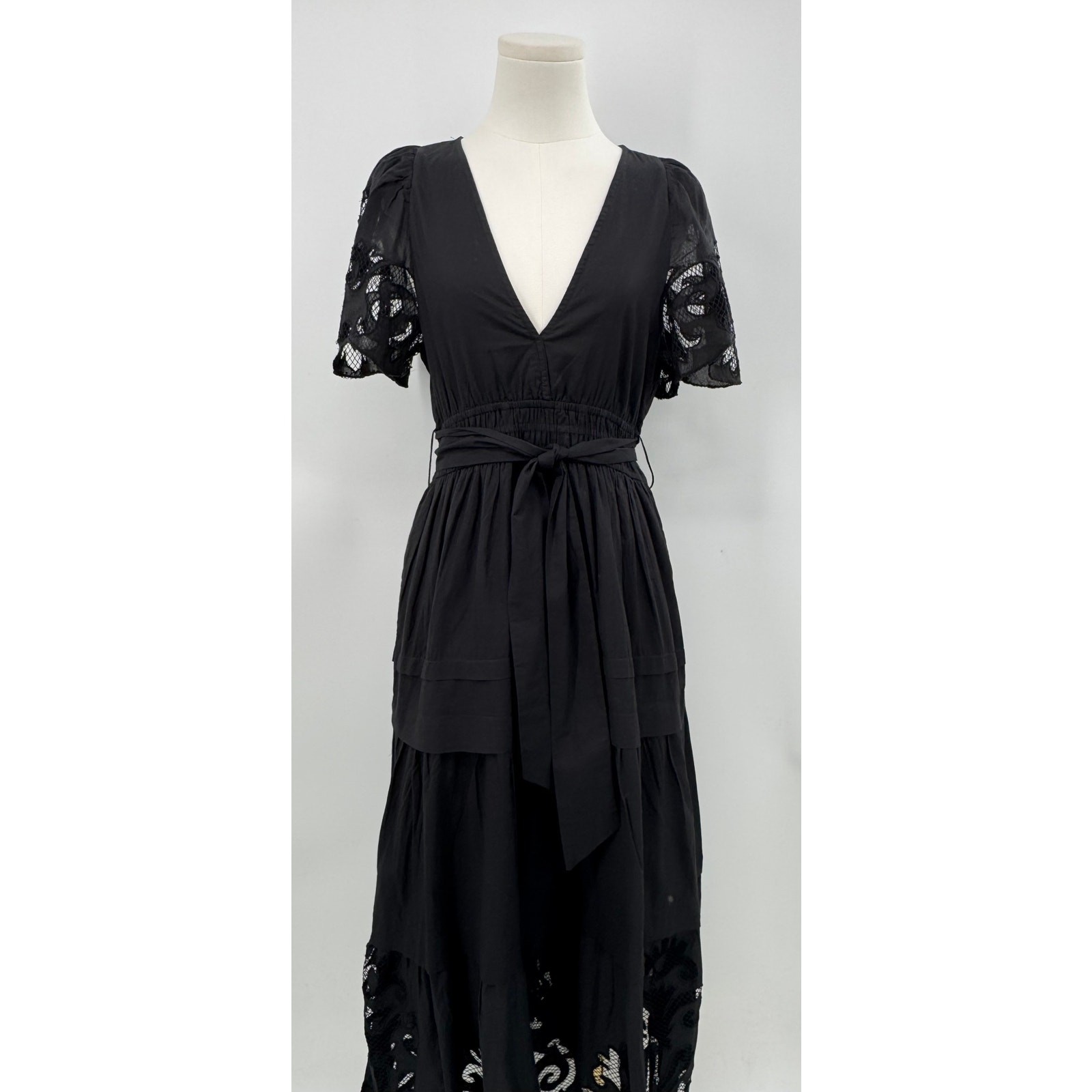 Scarlett Poppies Black Donnatella Midi Dress Cotton Lace V-Neck NWT M