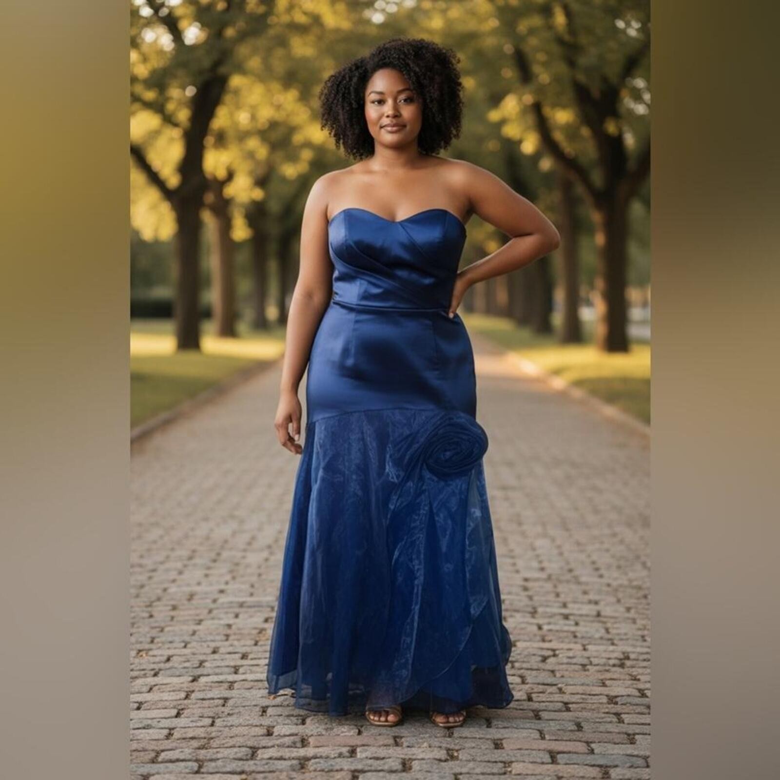 David’s Bridal Strapless Navy Dress with Rosette